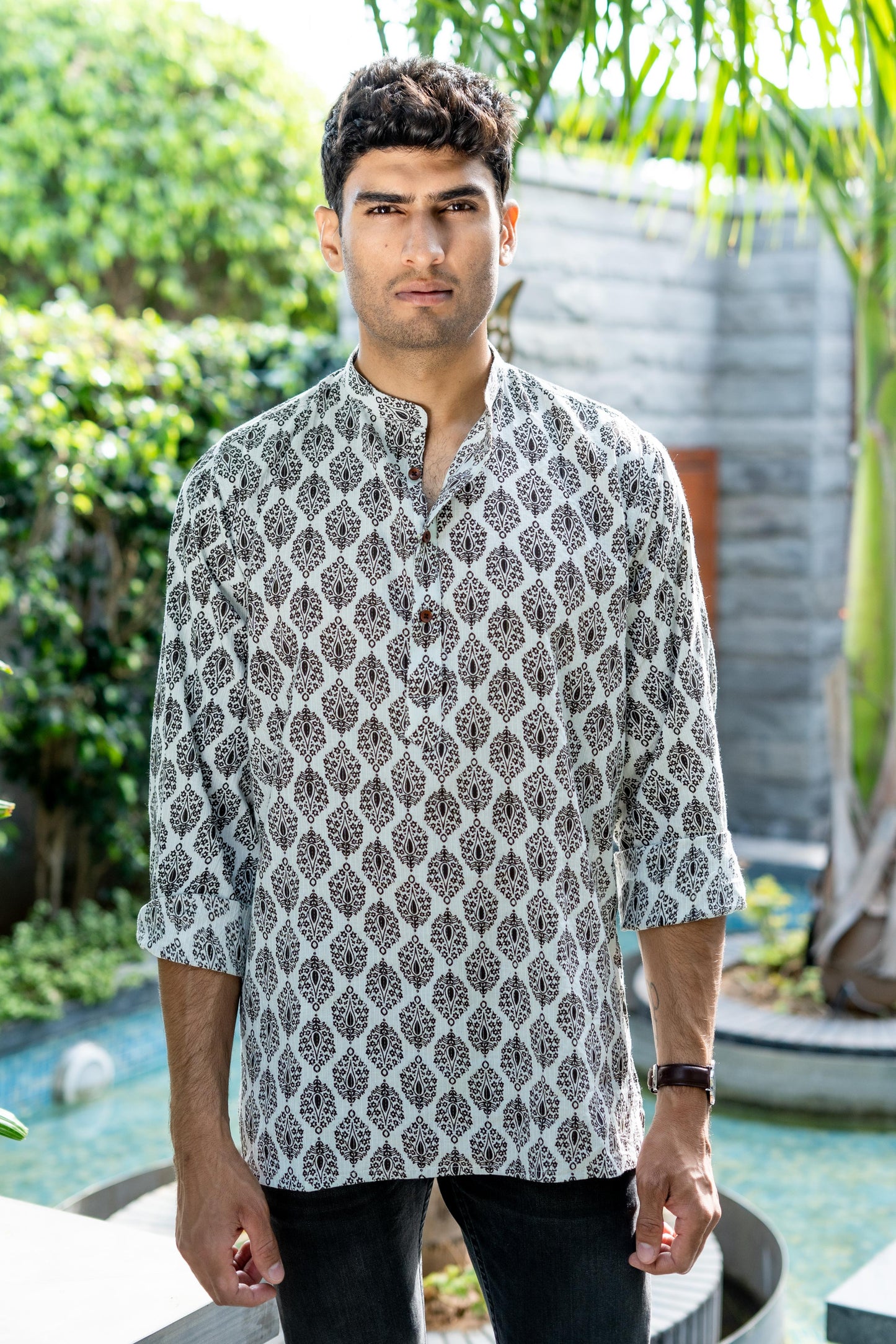 The White Kantha Work Floral-Geometric Print Short Kurta