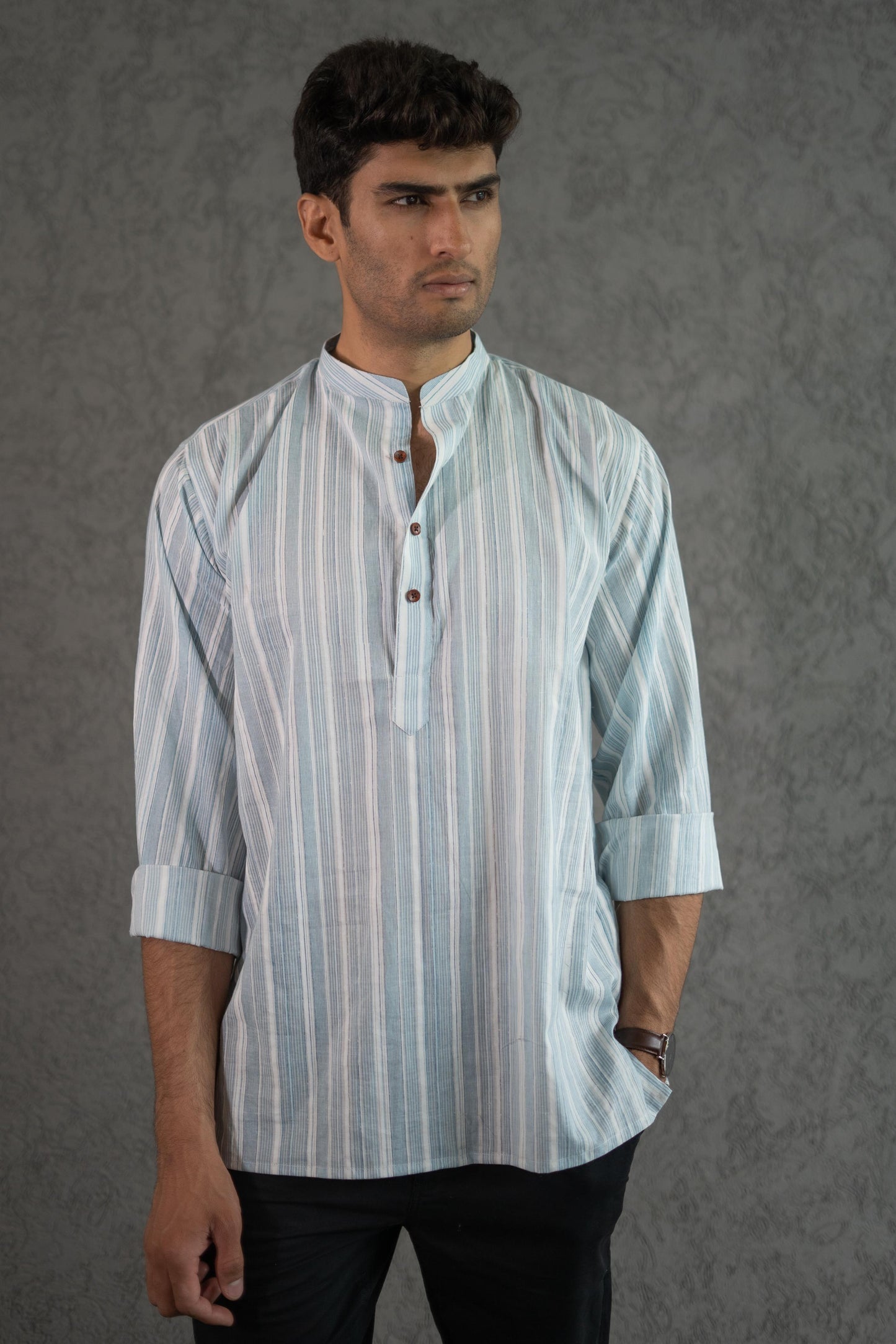 The Classy Pastel Blue Stripe Print Short Kurta