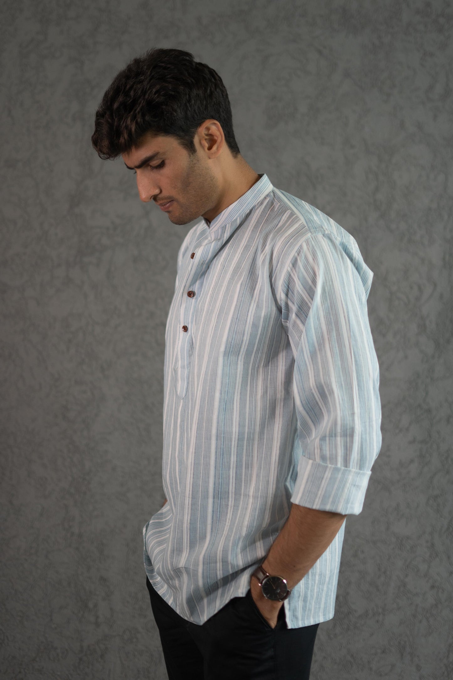 The Classy Pastel Blue Stripe Print Short Kurta