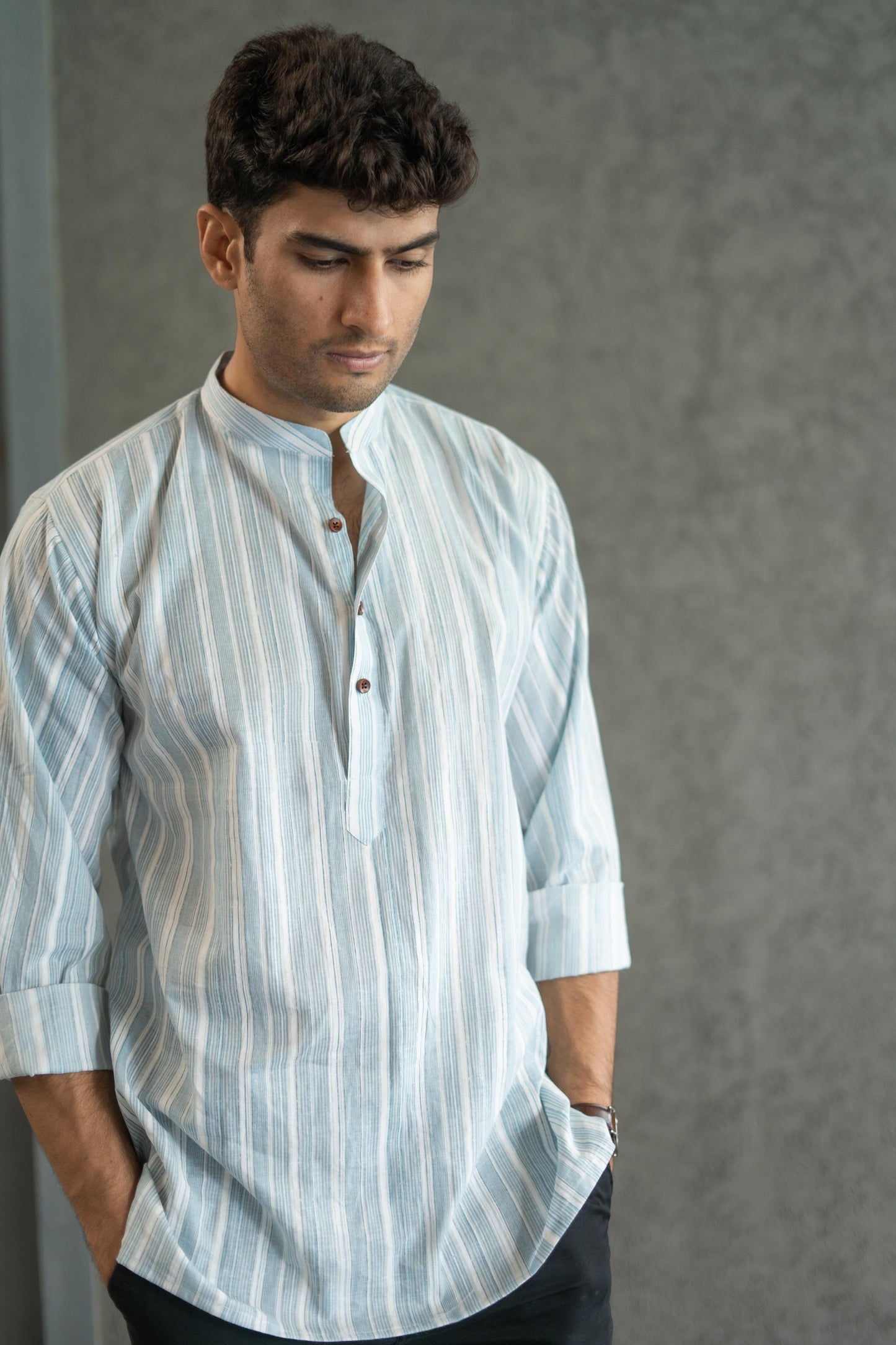 The Classy Pastel Blue Stripe Print Short Kurta