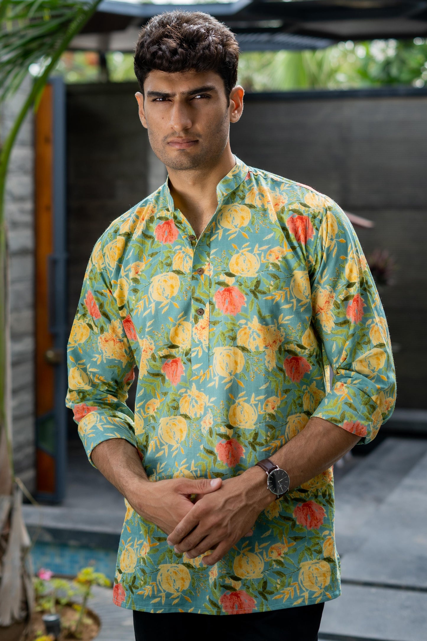 The Funky Green And Yellow All-Over Floral Print Short Kurta