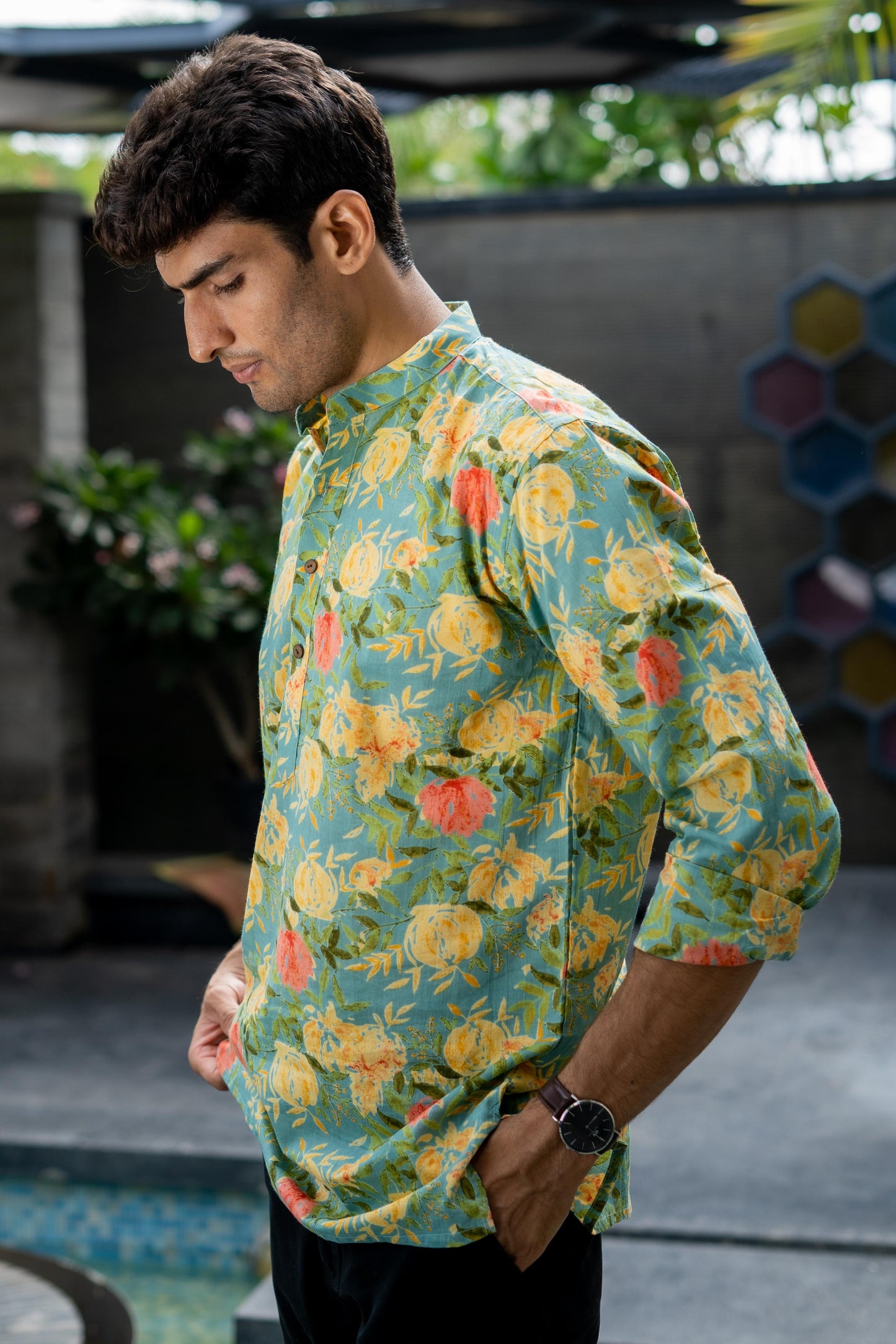 The Funky Green And Yellow All-Over Floral Print Short Kurta