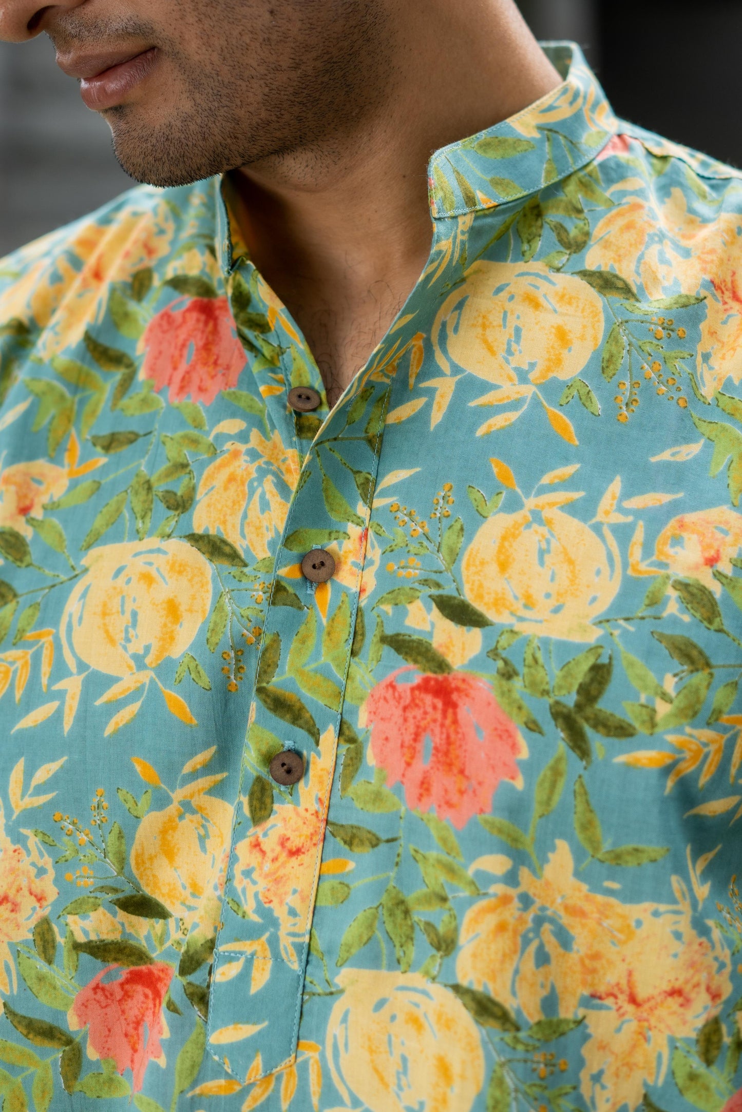 The Funky Green And Yellow All-Over Floral Print Short Kurta