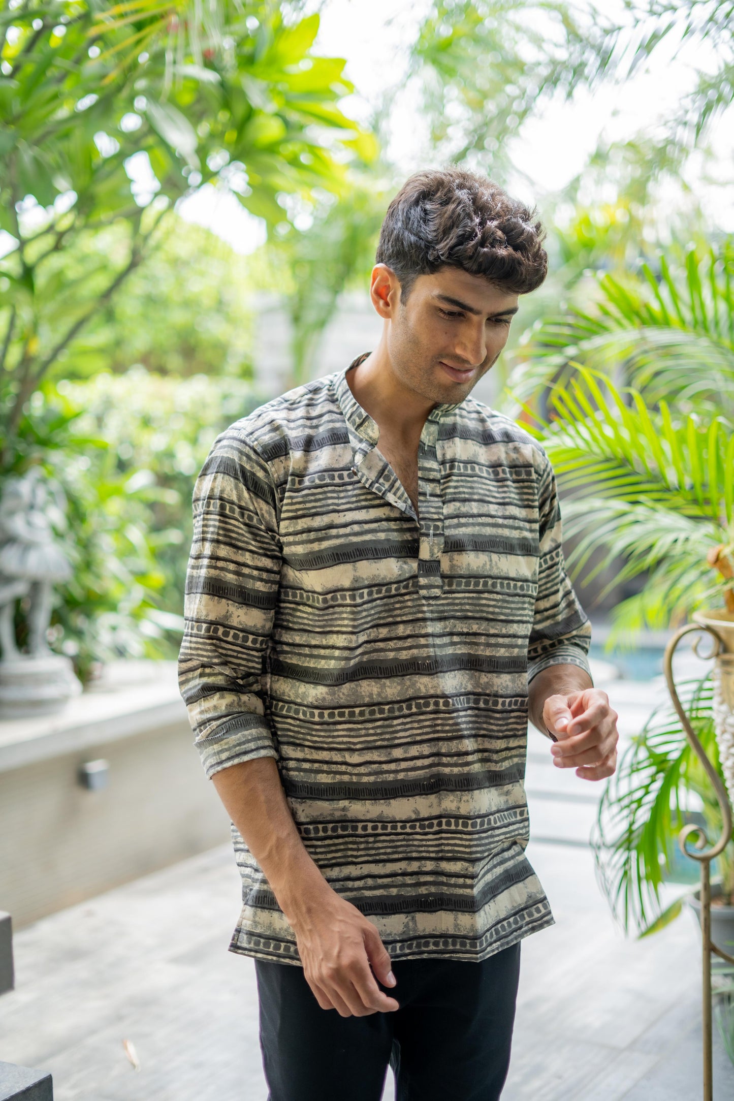 The Off-White And Grey Tribal Print Short Kurta