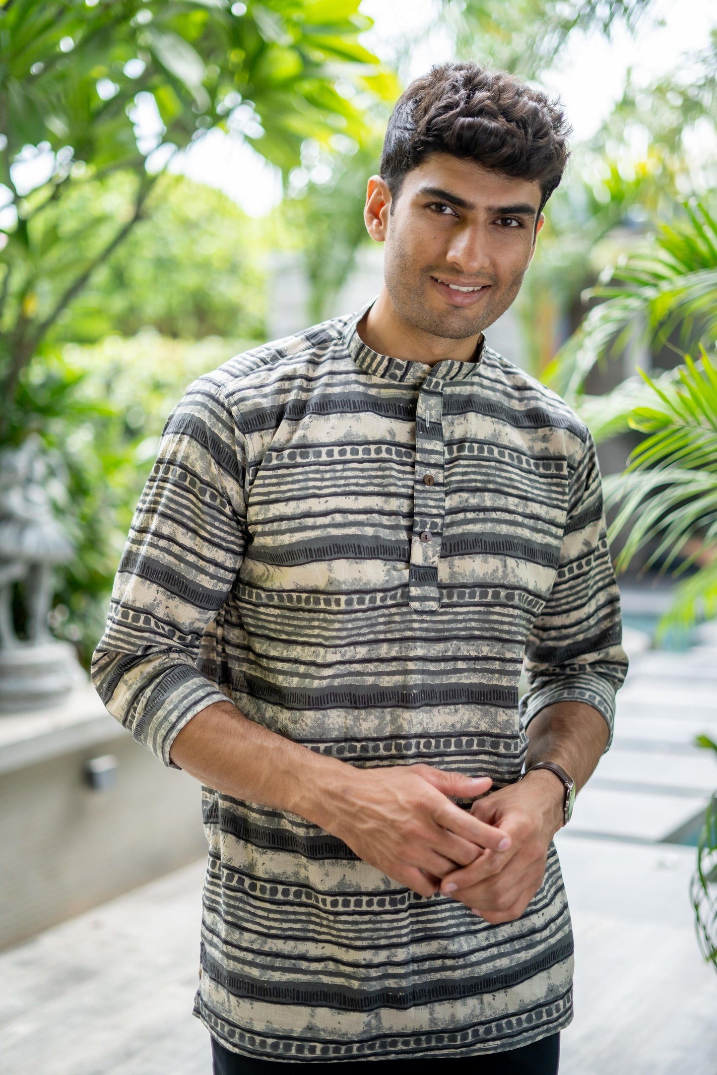 The Off-White And Grey Tribal Print Short Kurta