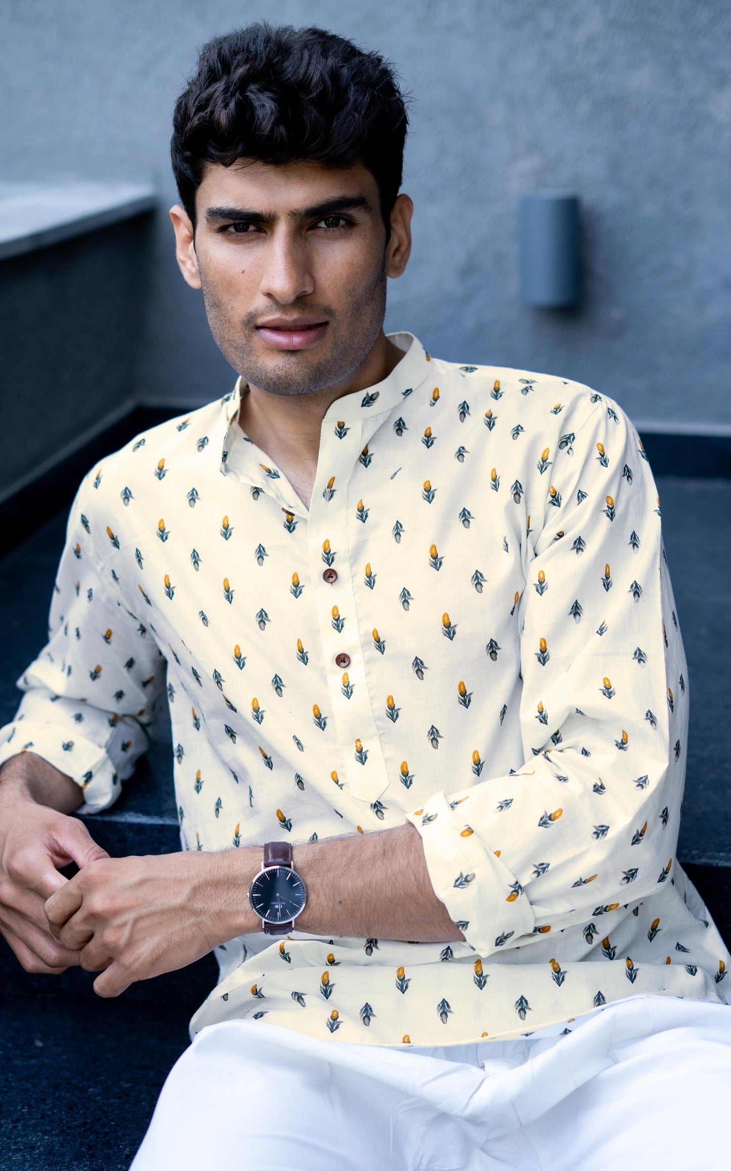 The Cream Color Short Kurta With Orange Flower Print