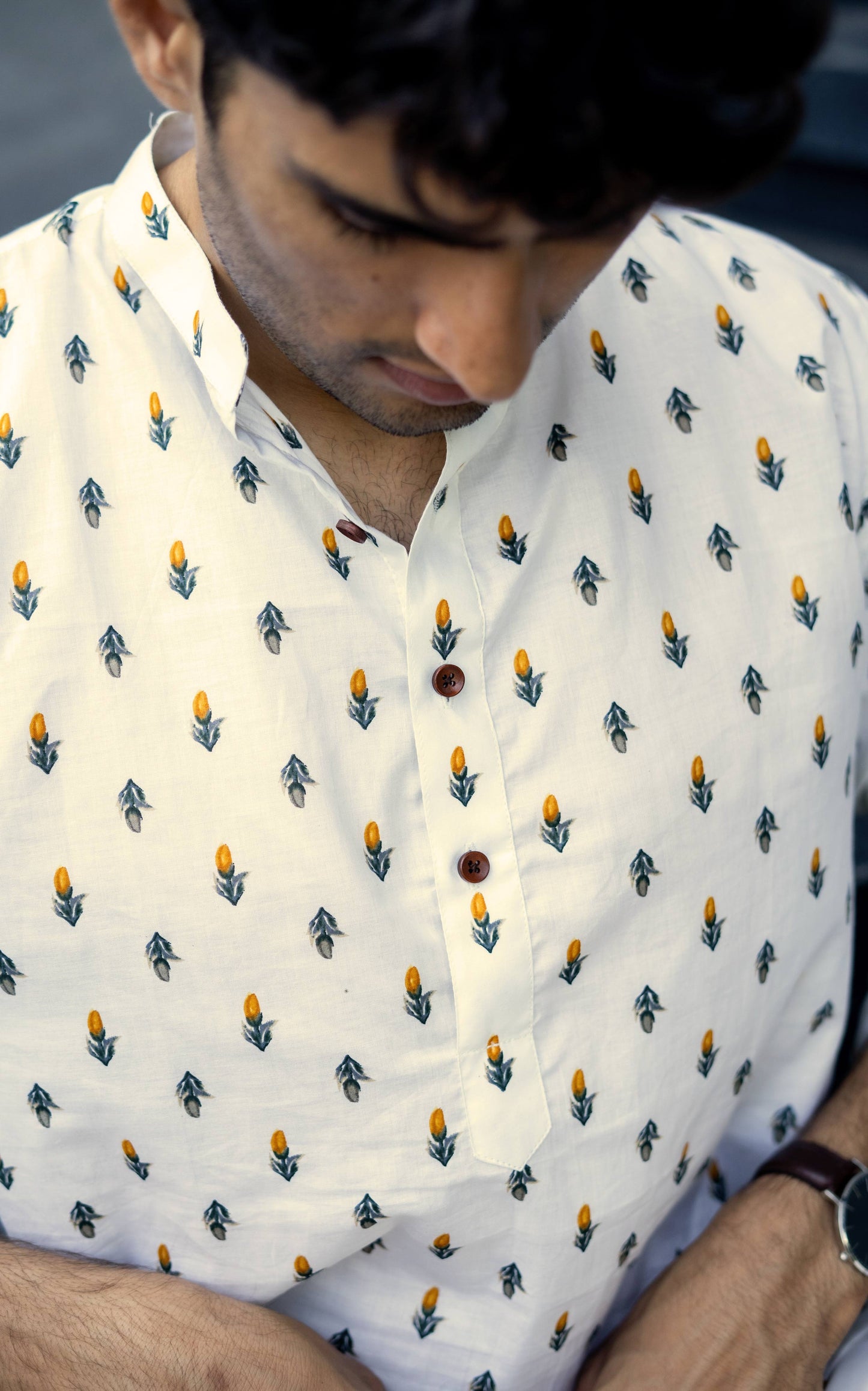 The Cream Color Short Kurta With Orange Flower Print
