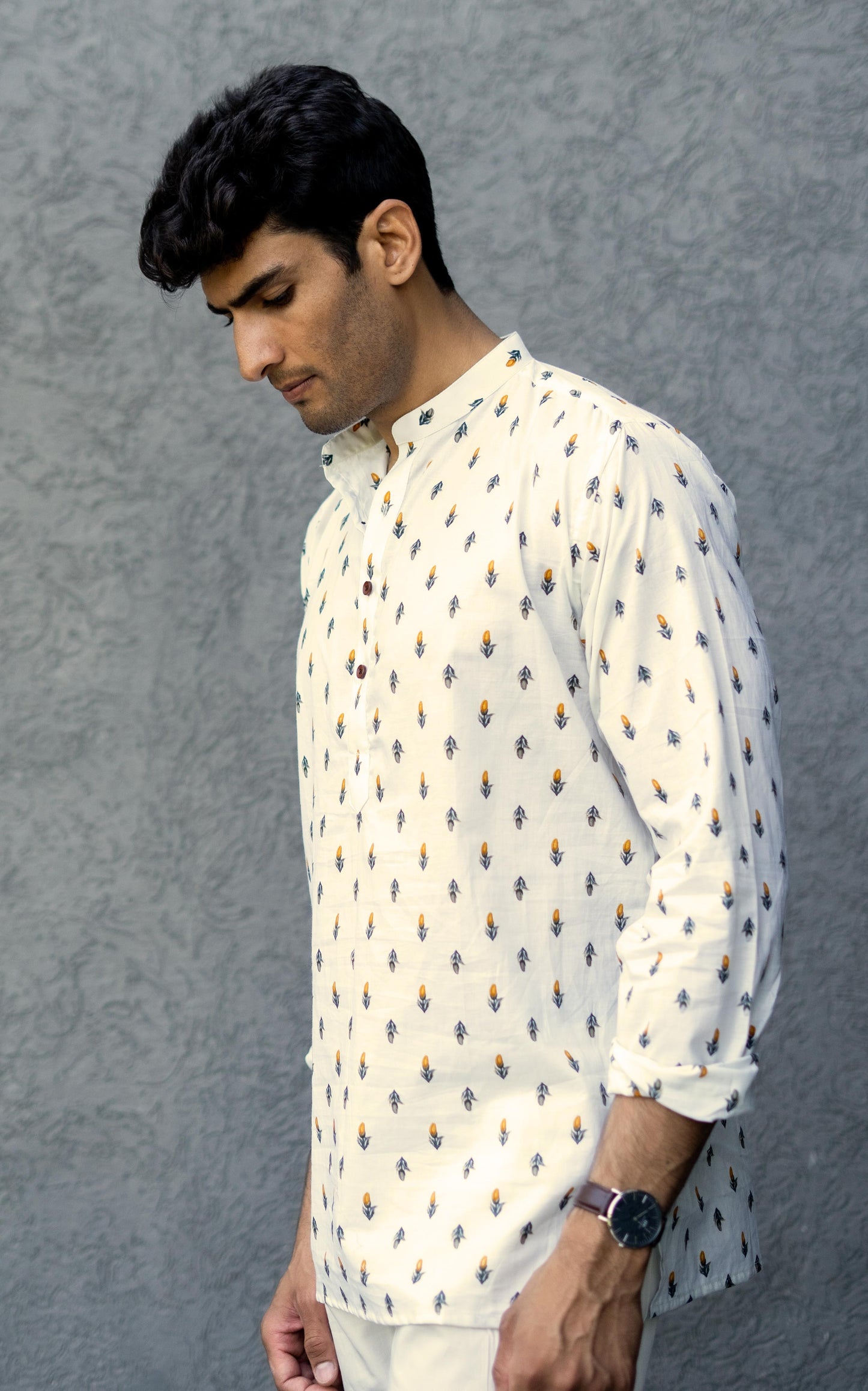 The Cream Color Short Kurta With Orange Flower Print