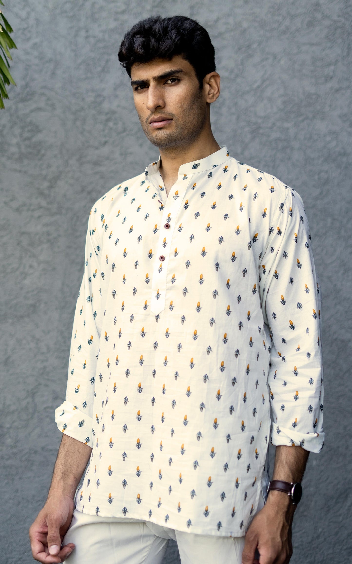 The Cream Color Short Kurta With Orange Flower Print