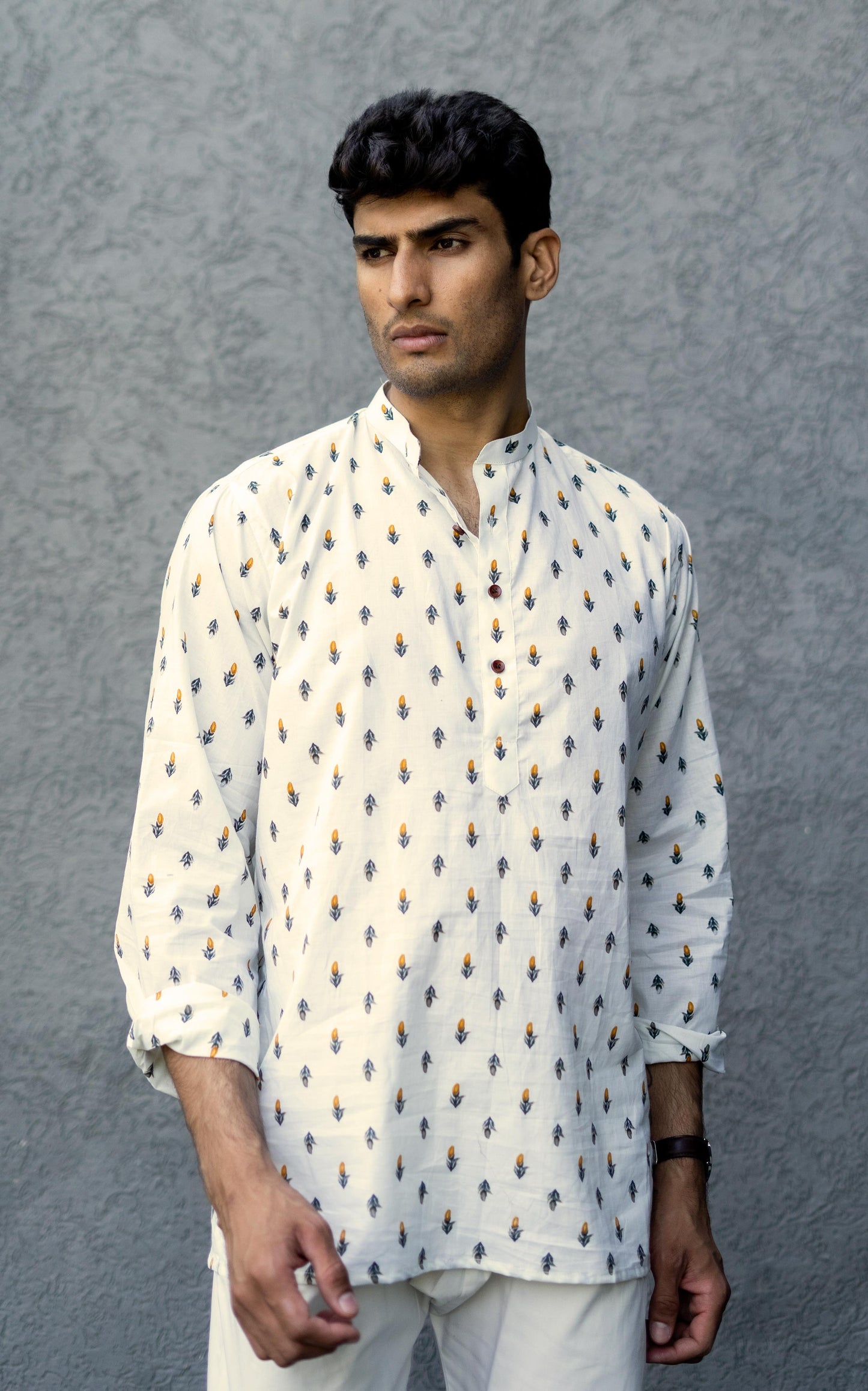 The Cream Color Short Kurta With Orange Flower Print