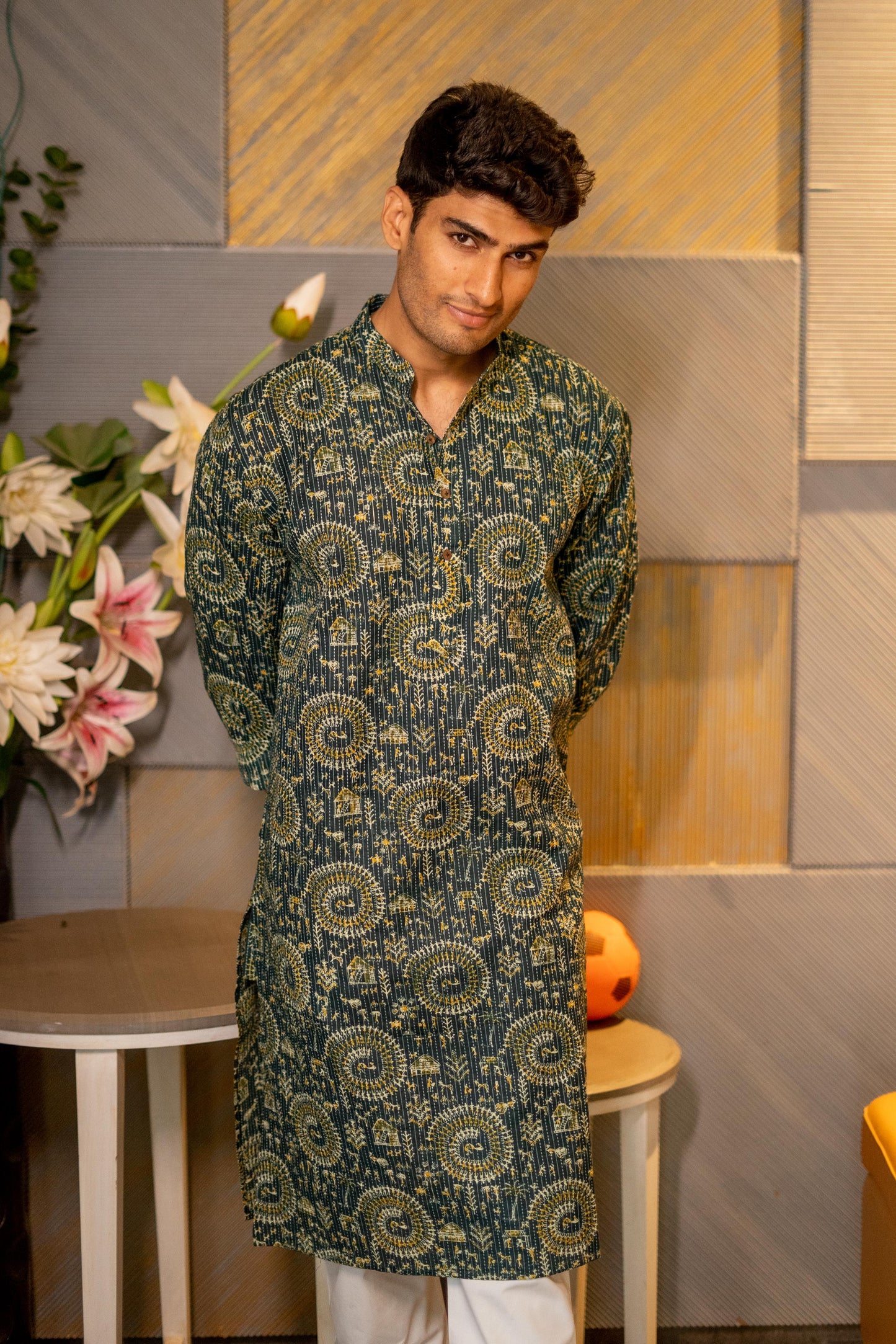 The Dark Green Kantha Work Long Kurta With Tribal Print