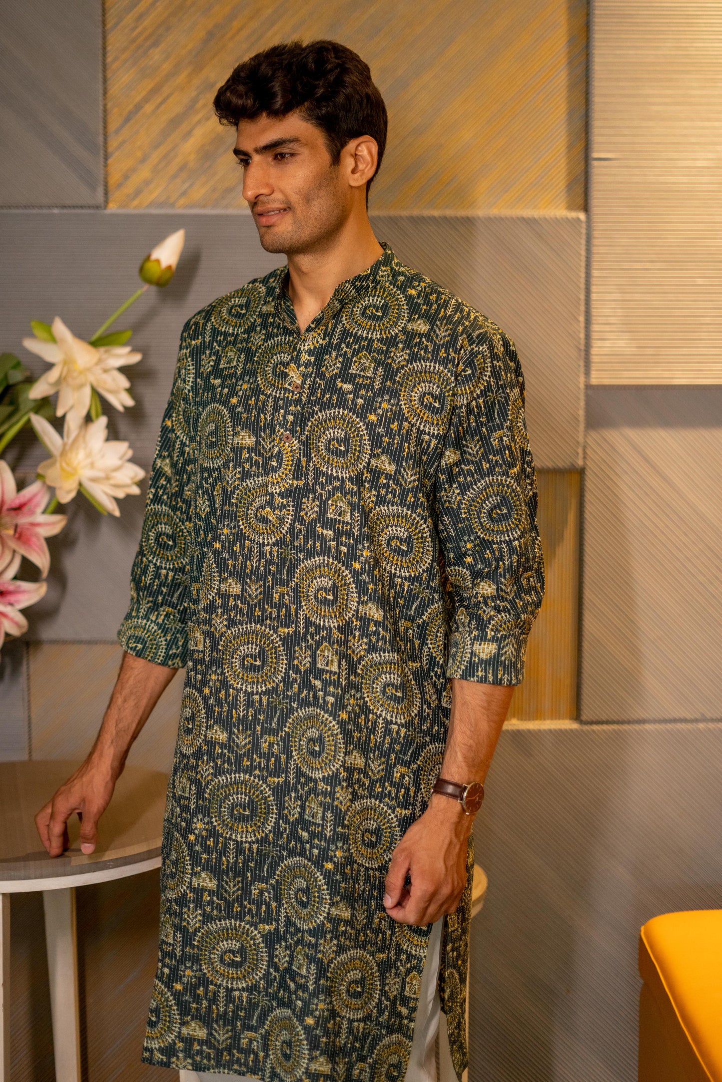 The Dark Green Kantha Work Long Kurta With Tribal Print