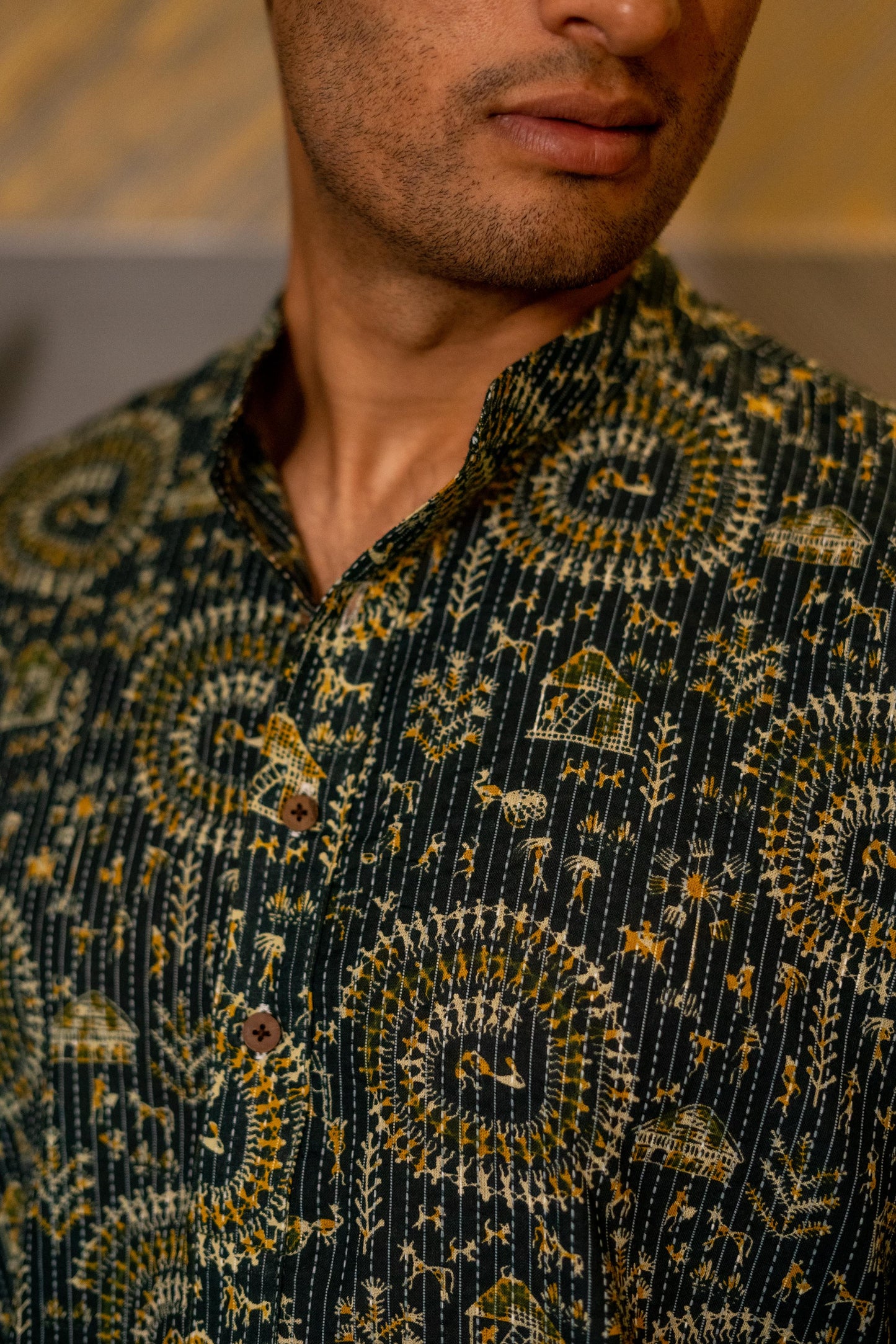The Dark Green Kantha Work Long Kurta With Tribal Print