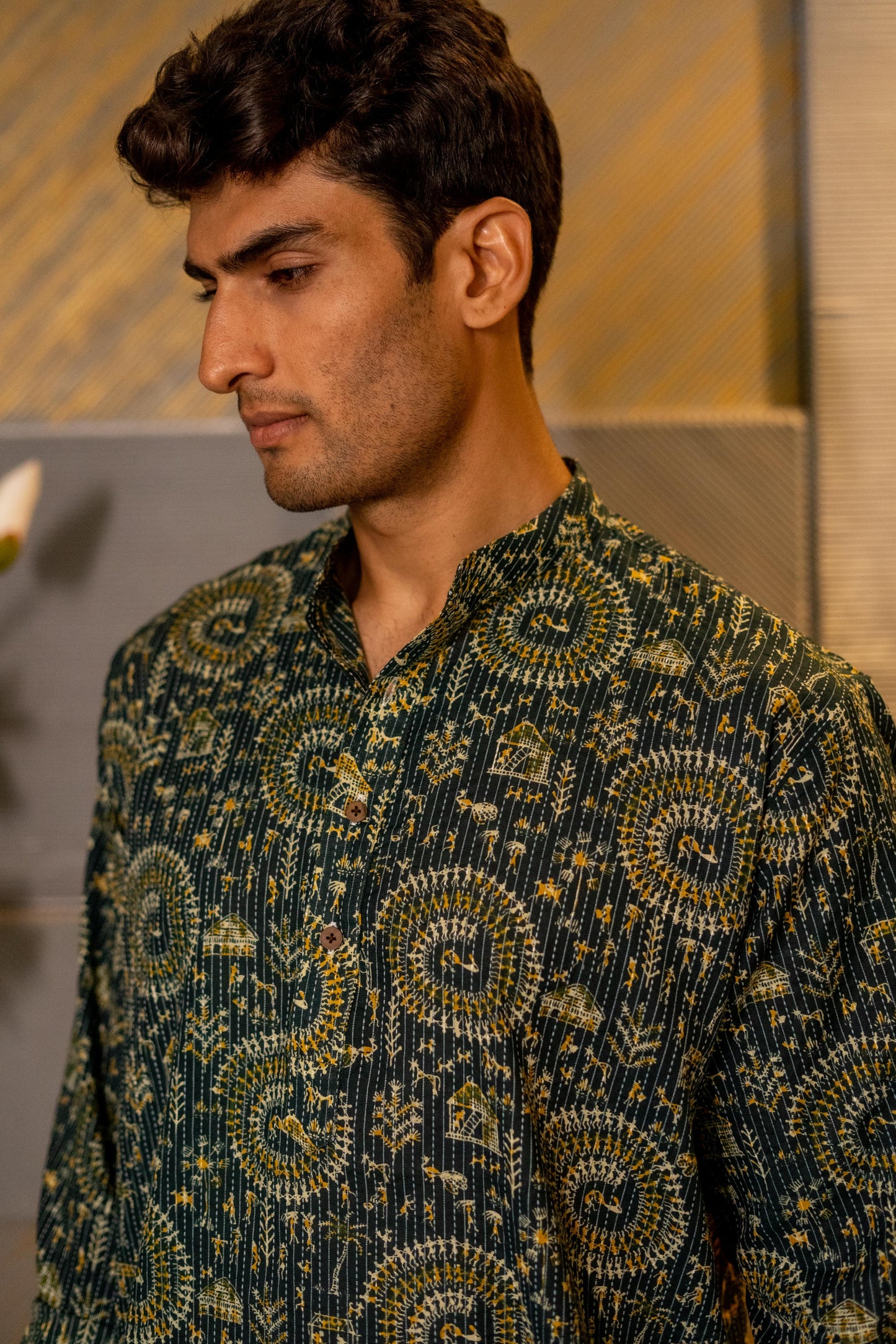 The Dark Green Kantha Work Long Kurta With Tribal Print