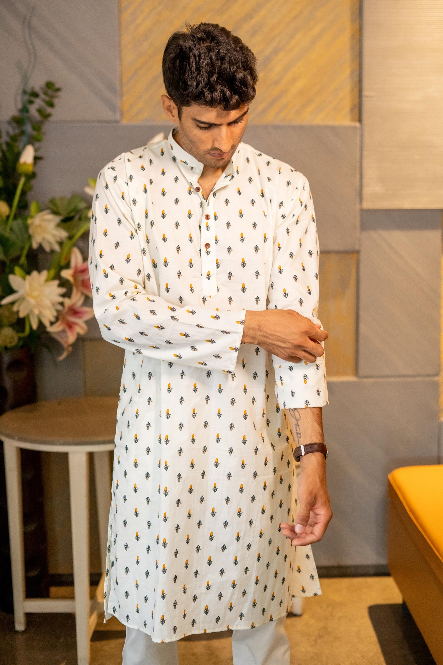 The Cream Color Long Kurta With Orange Flower Print