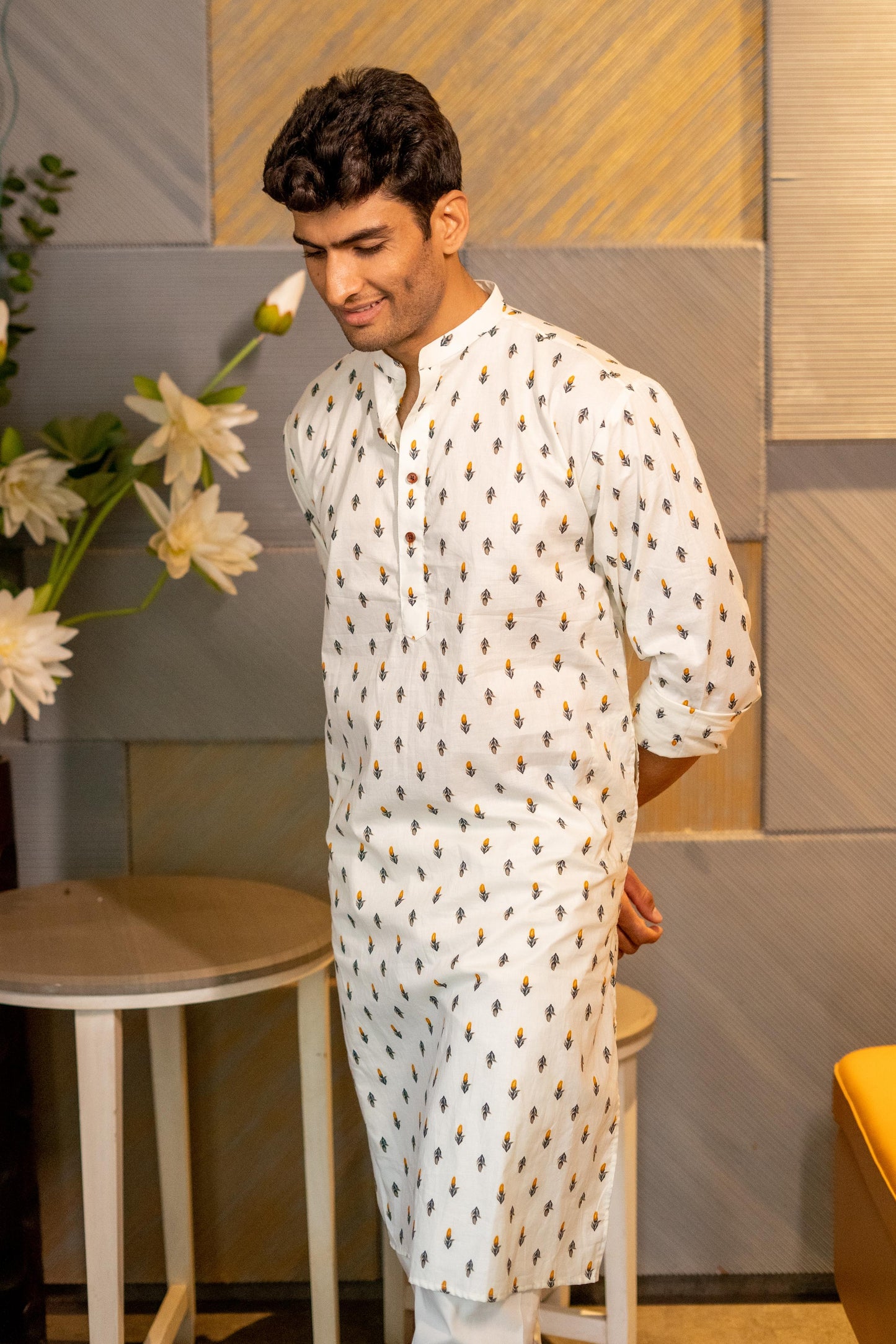 The Cream Color Long Kurta With Orange Flower Print