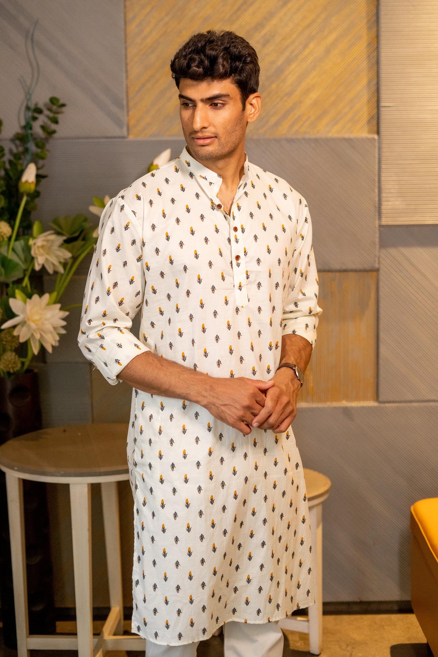 The Cream Color Long Kurta With Orange Flower Print