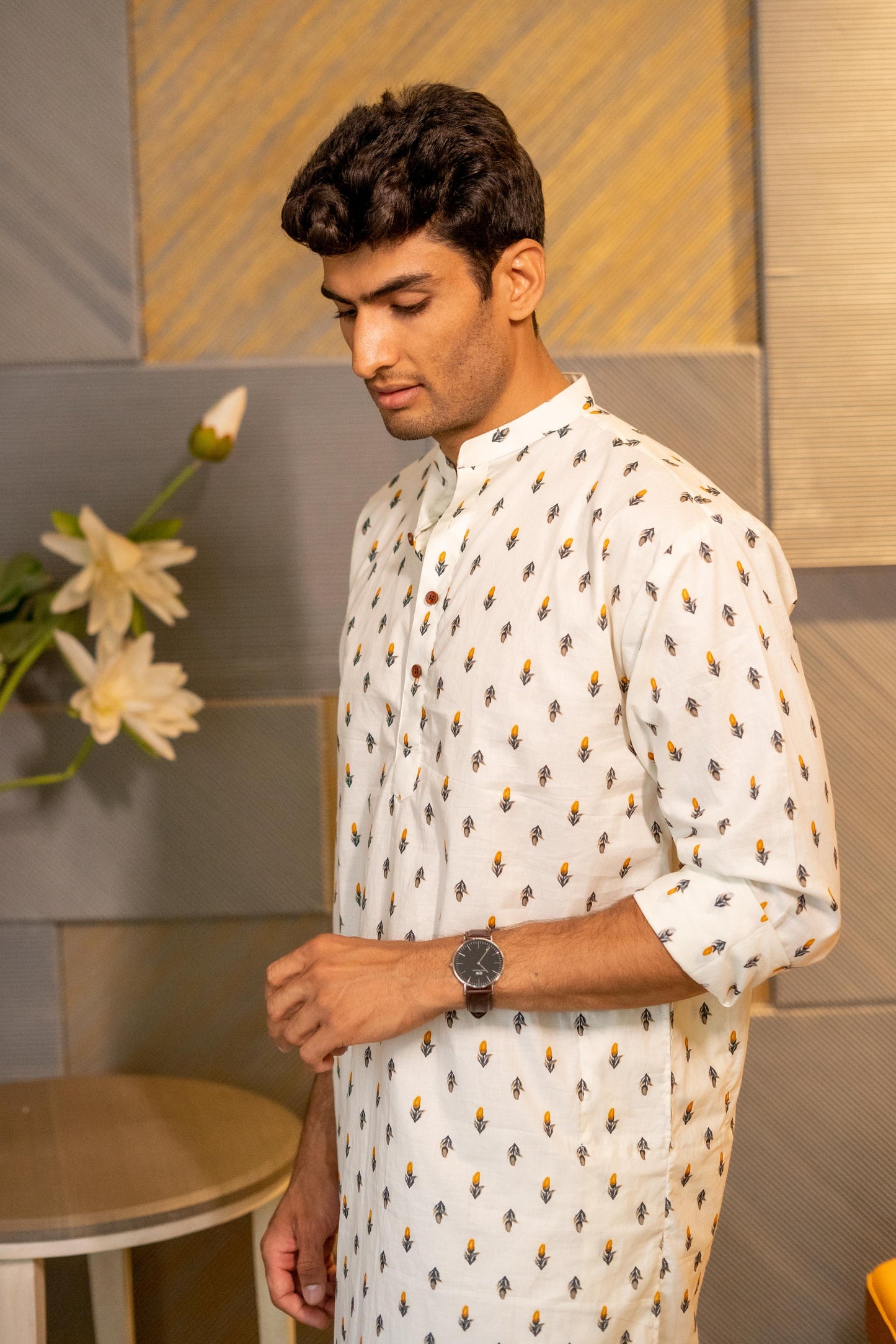 The Cream Color Long Kurta With Orange Flower Print