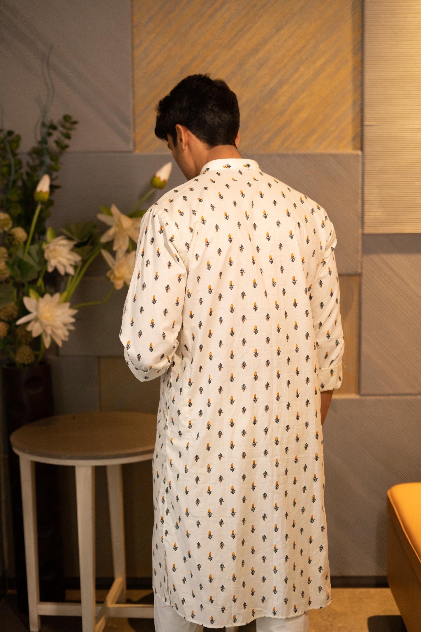 The Cream Color Long Kurta With Orange Flower Print