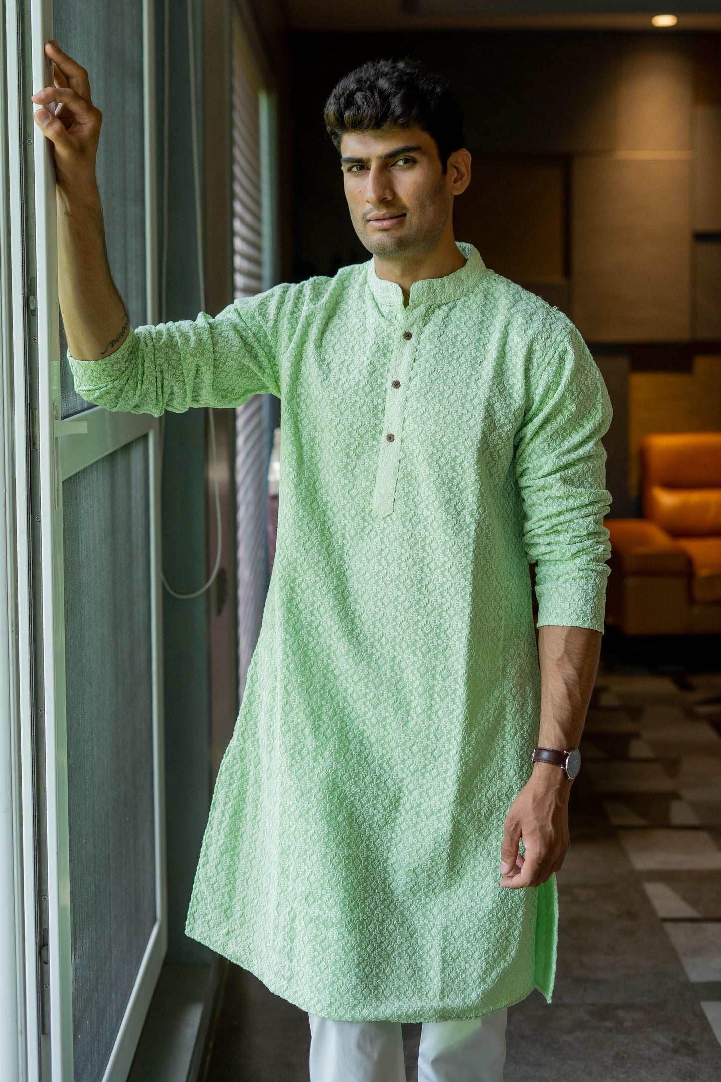 The Light Green Chikan Kari Long Kurta