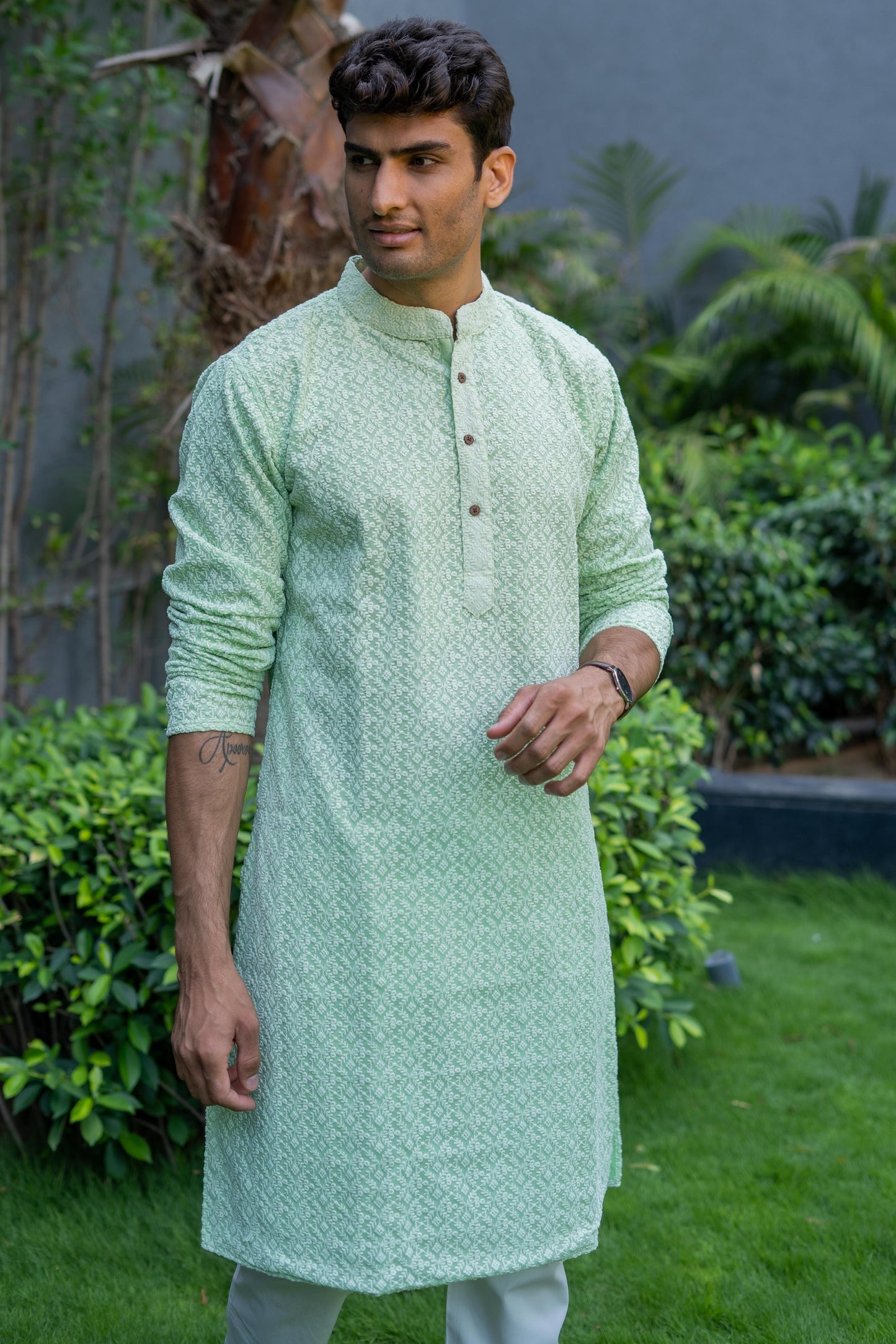 The Light Green Chikan Kari Long Kurta
