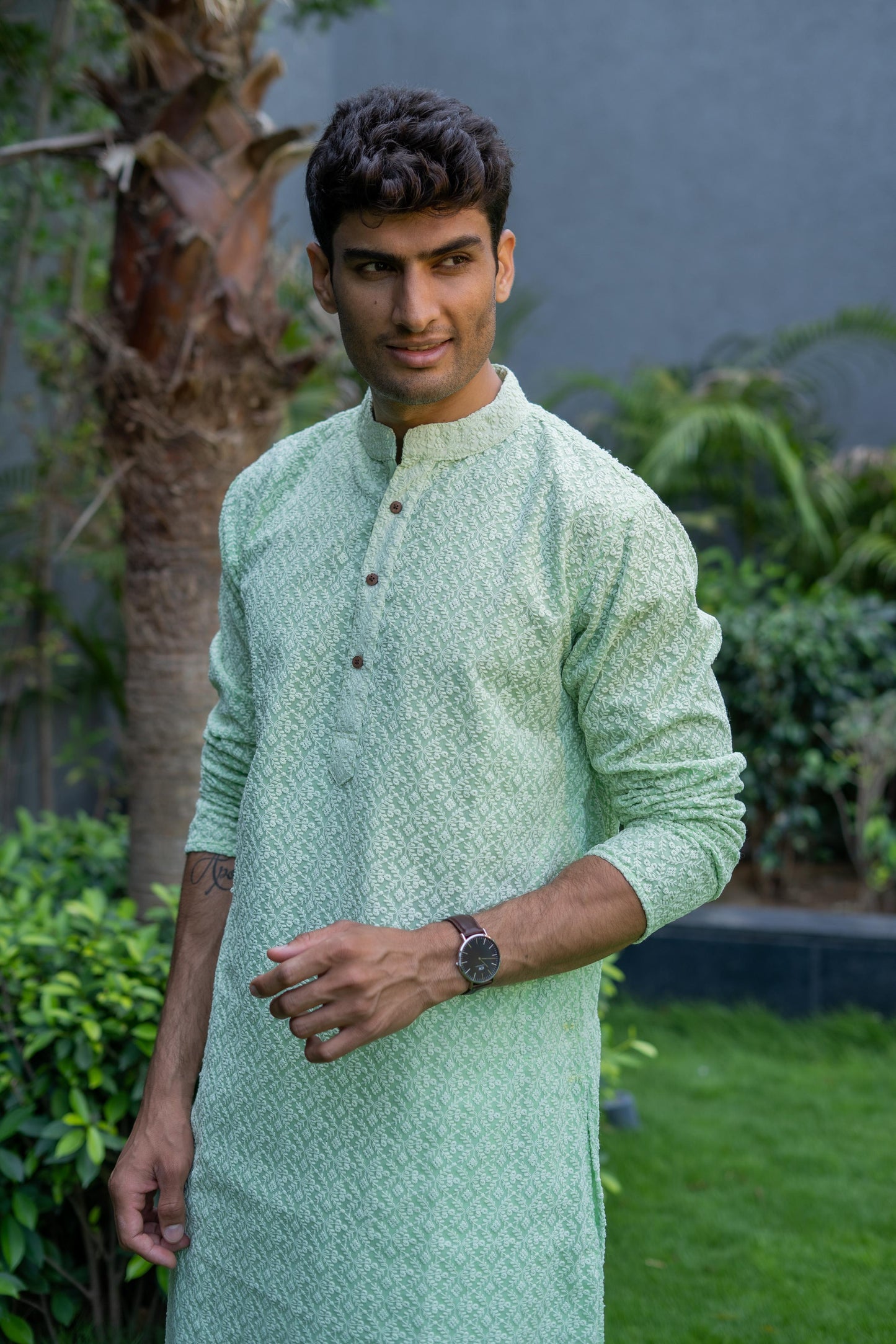 The Light Green Chikan Kari Long Kurta