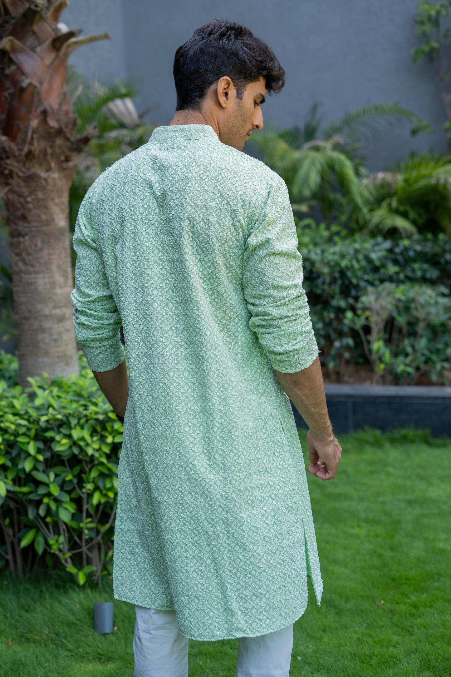 The Light Green Chikan Kari Long Kurta