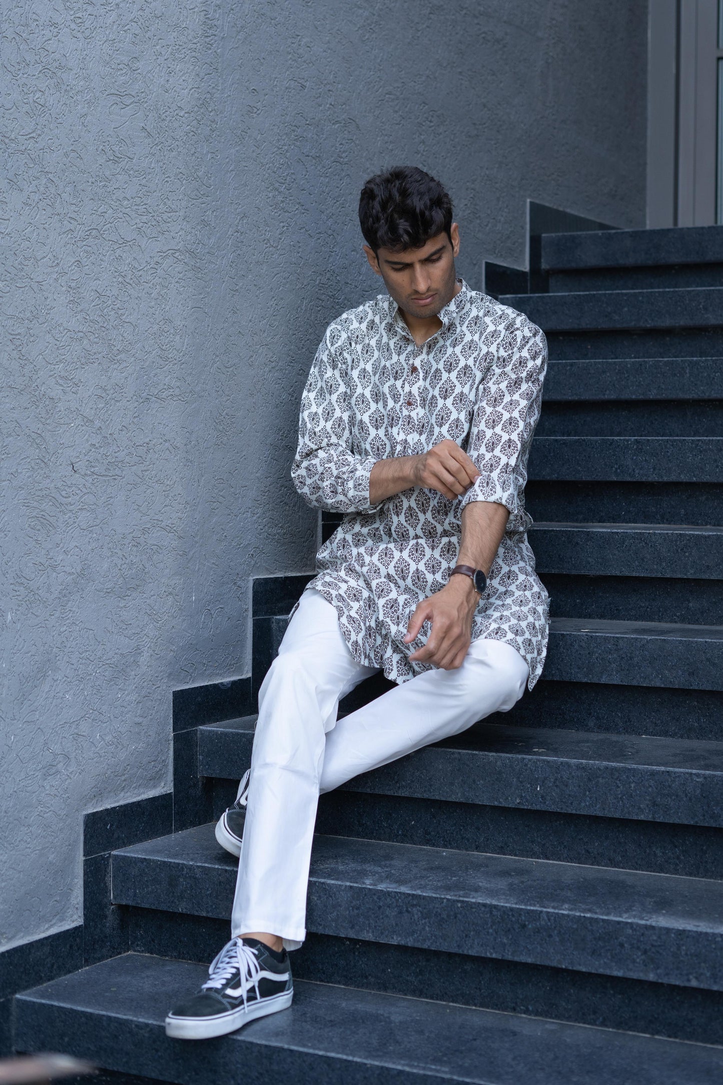 The White Floral-Geometric Kantha Work Long Kurta