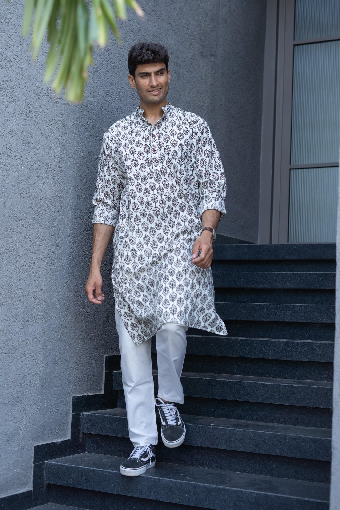 The White Floral-Geometric Kantha Work Long Kurta