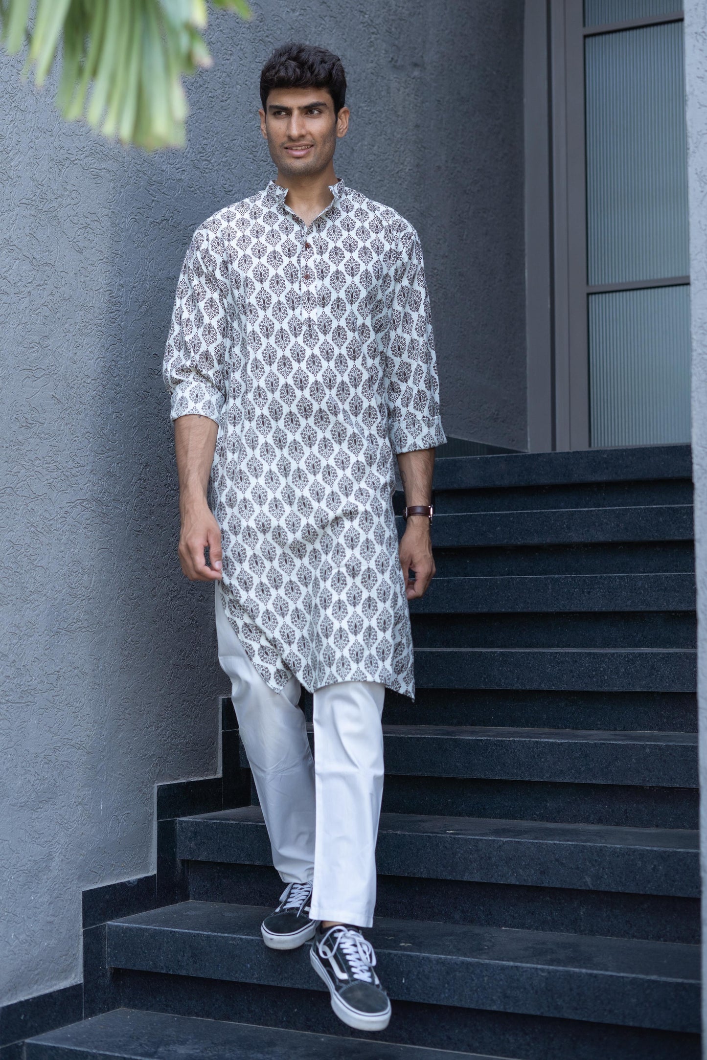 The White Floral-Geometric Kantha Work Long Kurta