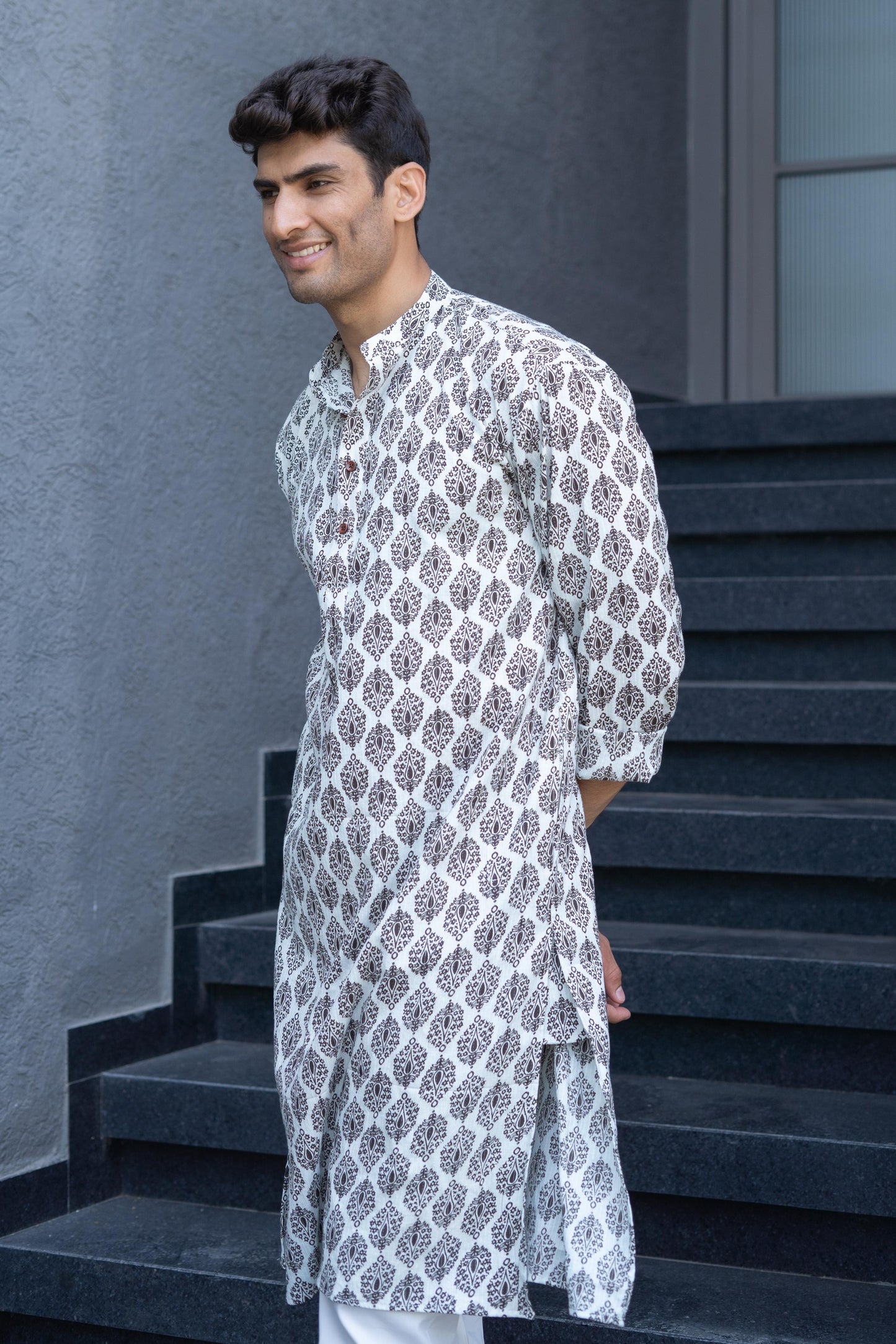 The White Floral-Geometric Kantha Work Long Kurta