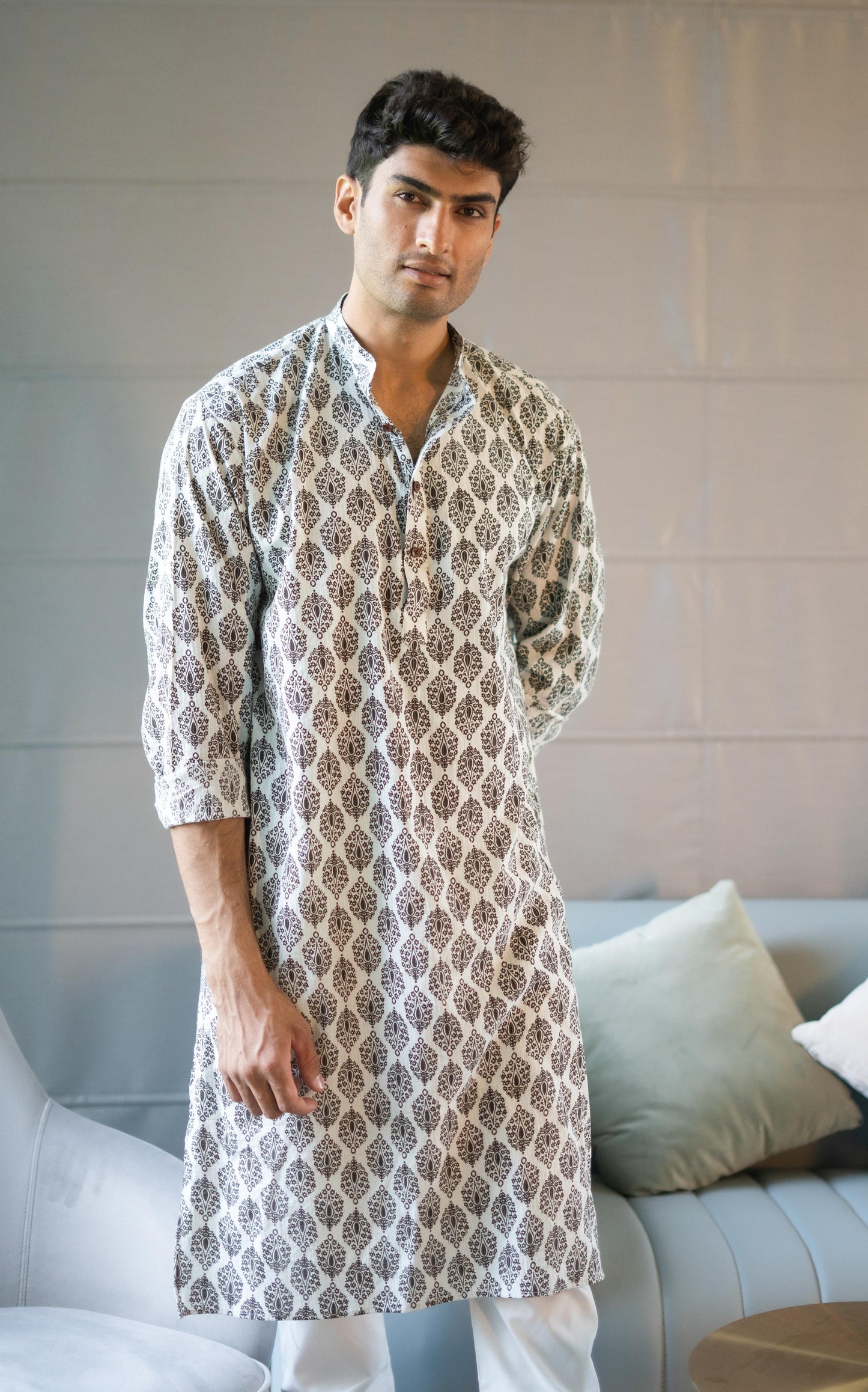 The White Floral-Geometric Kantha Work Long Kurta