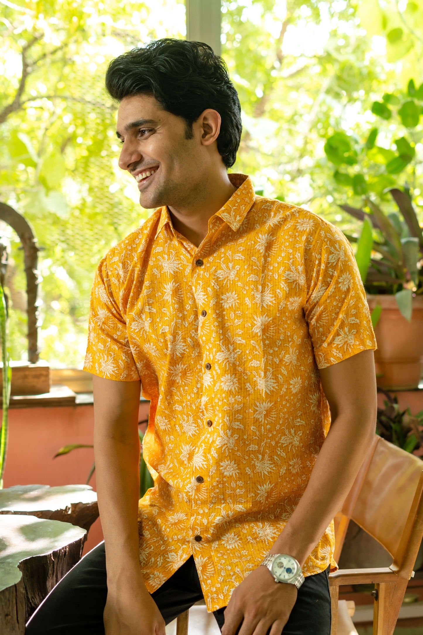 The Yellow Kantha Work Half Sleeves Shirt With All-Over Floral Print