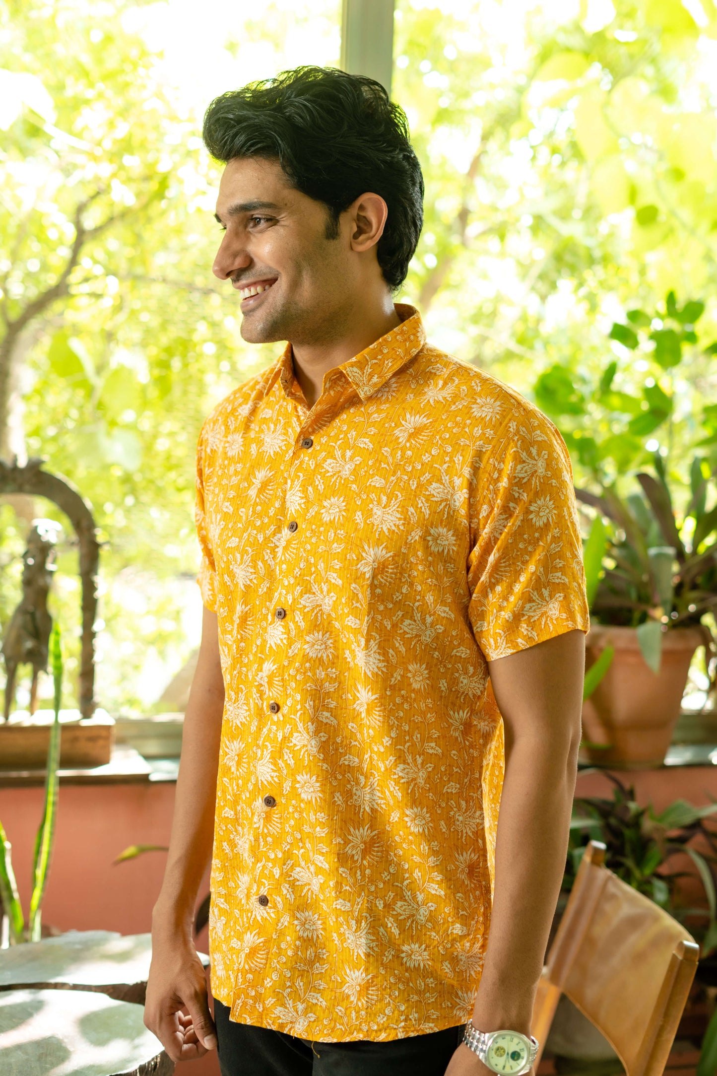 The Yellow Kantha Work Half Sleeves Shirt With All-Over Floral Print