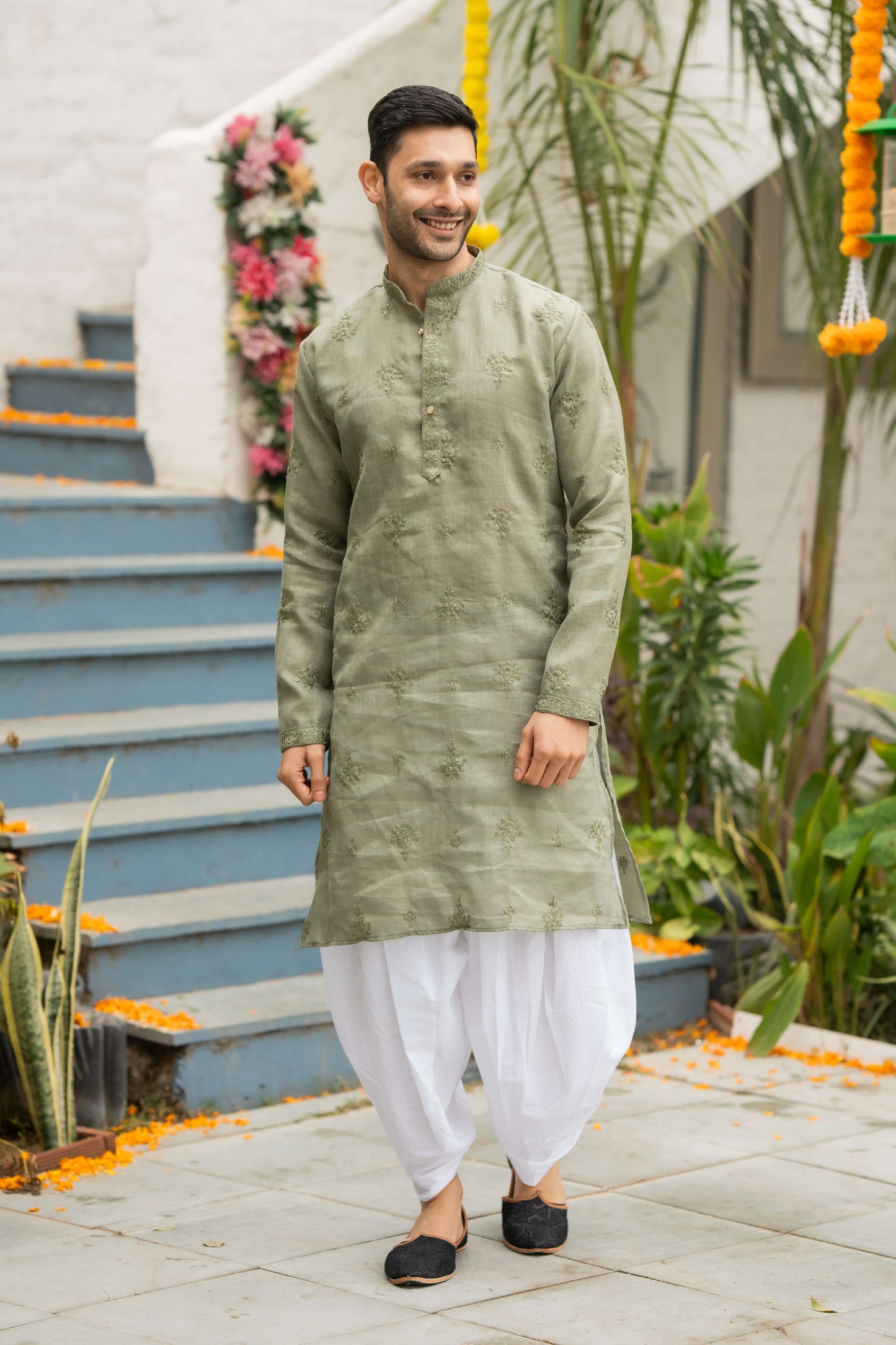 The Sage Green Long Kurta With Floral Embroidery Work