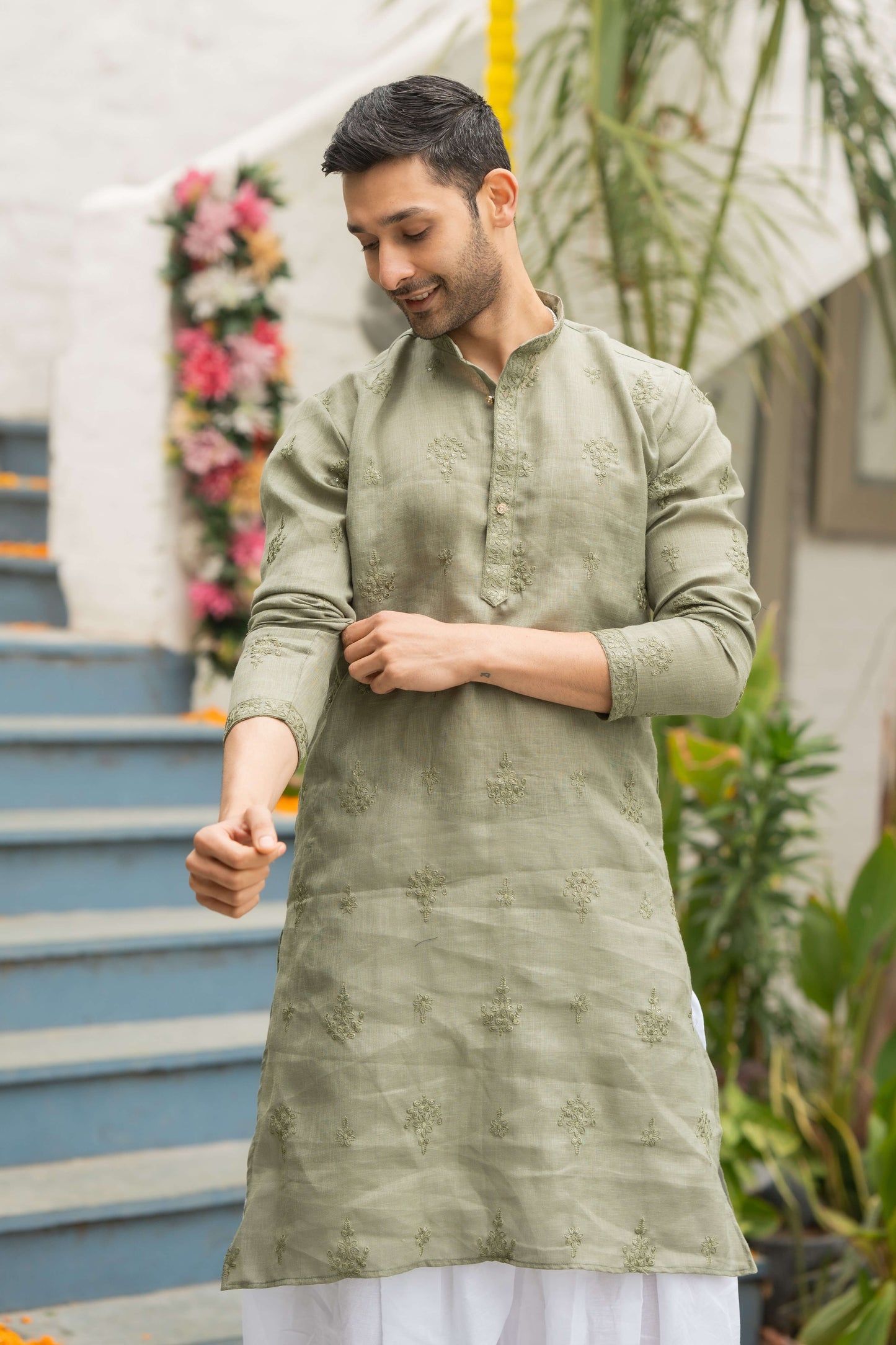 The Sage Green Long Kurta With Floral Embroidery Work