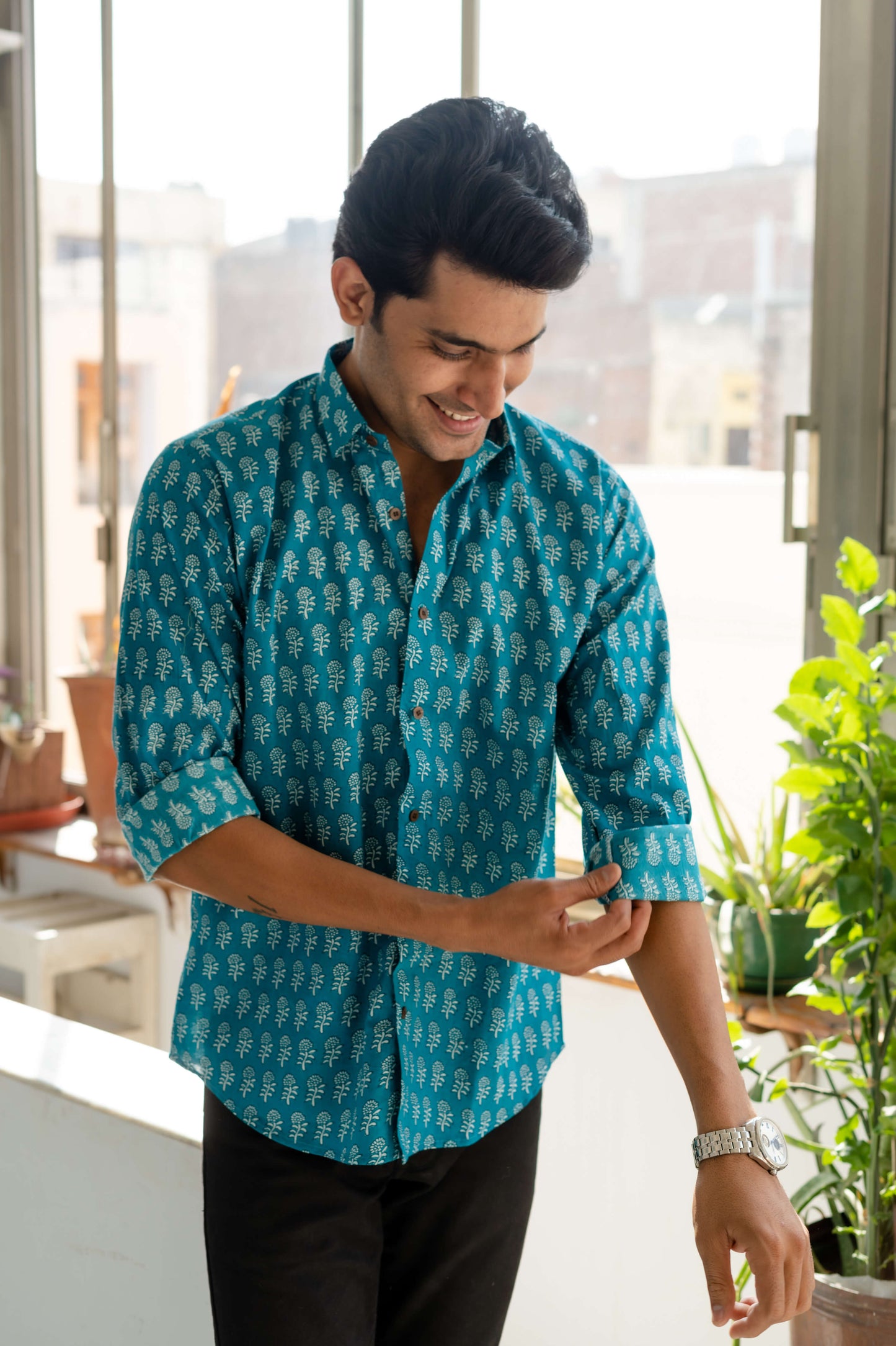 The Teal Color Shirt With White Floral Butti Print