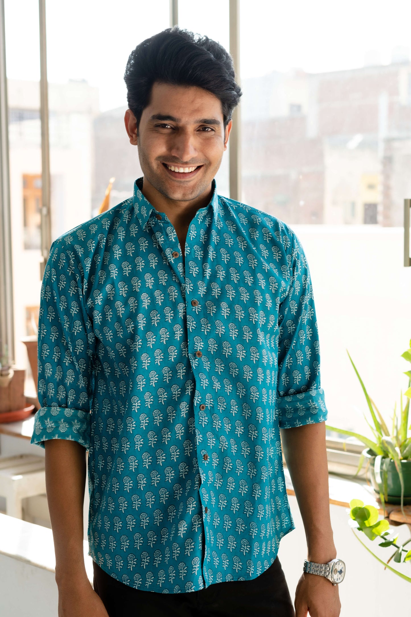 The Teal Color Shirt With White Floral Butti Print