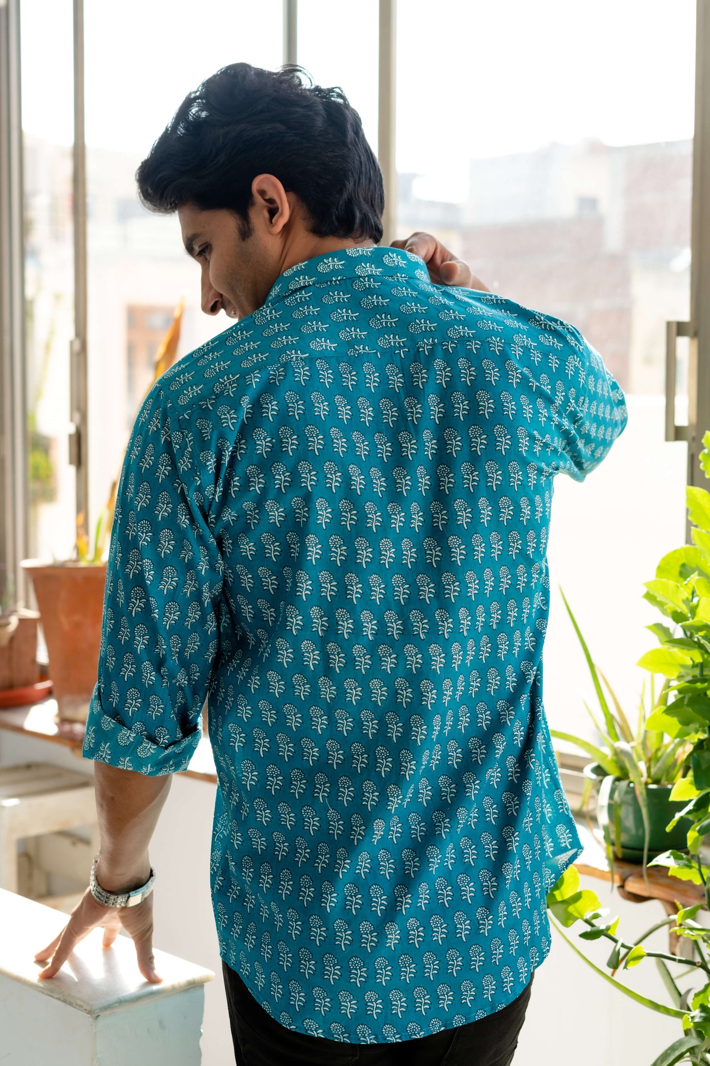 The Teal Color Shirt With White Floral Butti Print