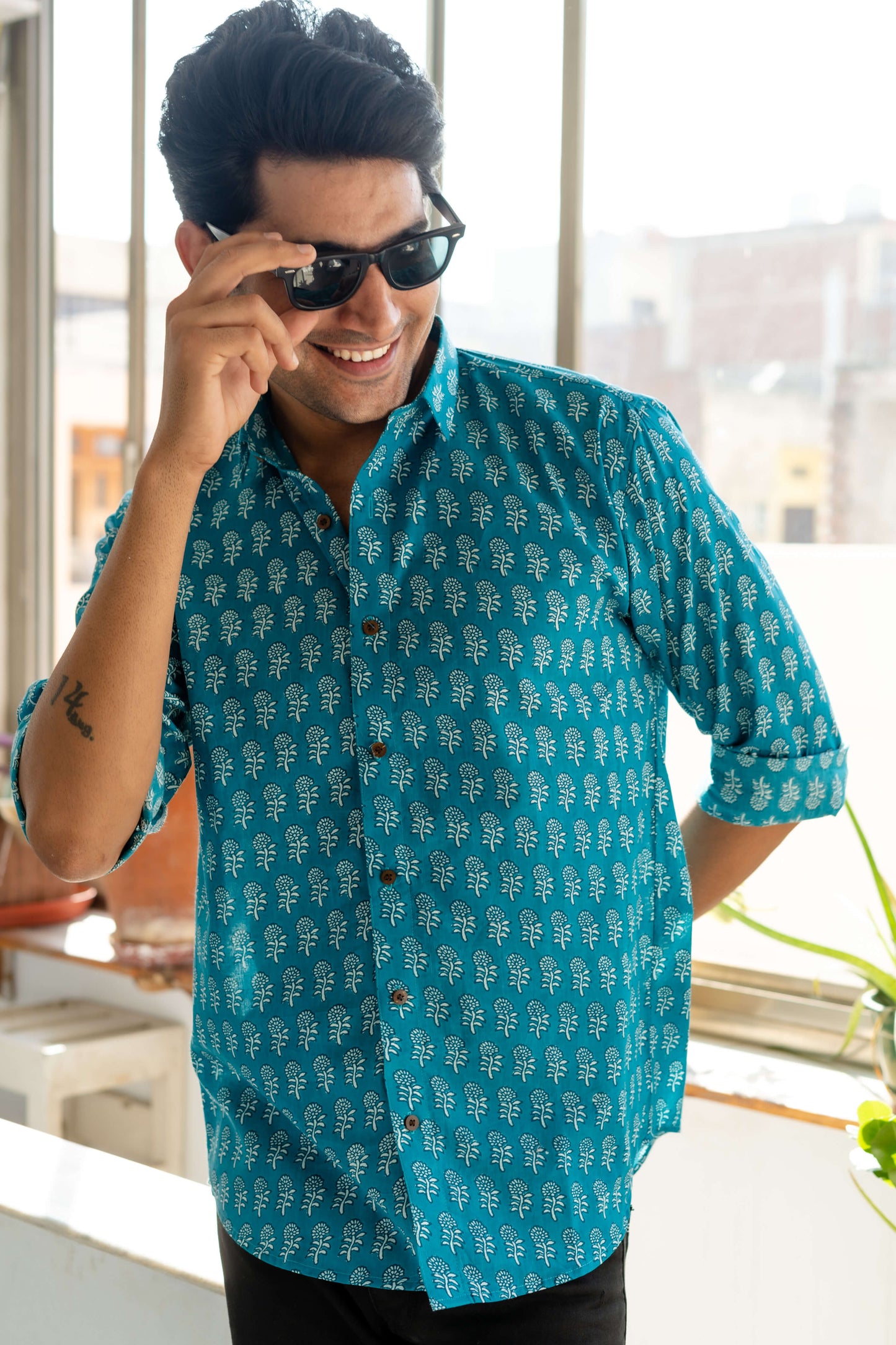 The Teal Color Shirt With White Floral Butti Print