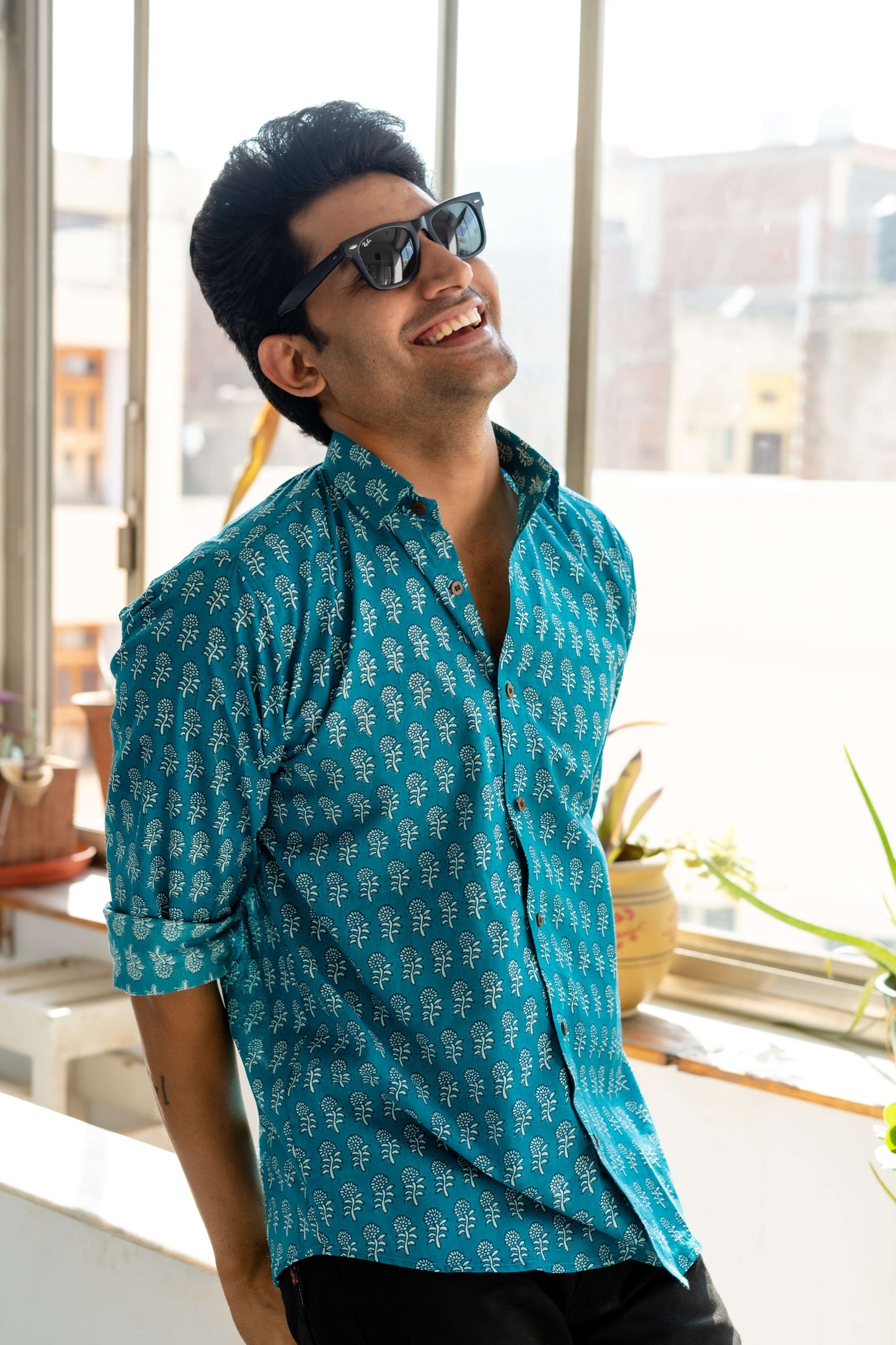 The Teal Color Shirt With White Floral Butti Print