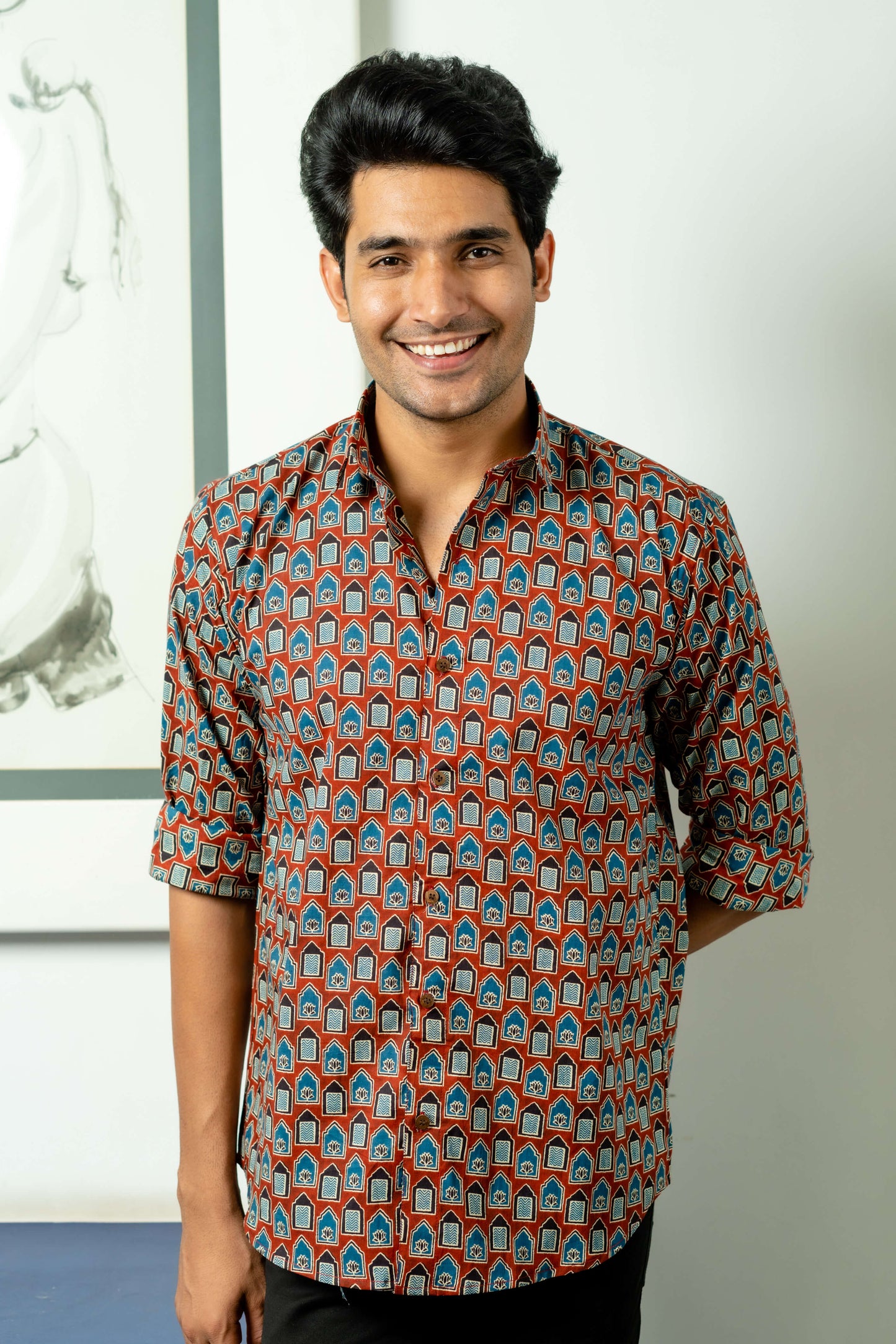 The Brick Color Shirt With Ethnic Tribal Print