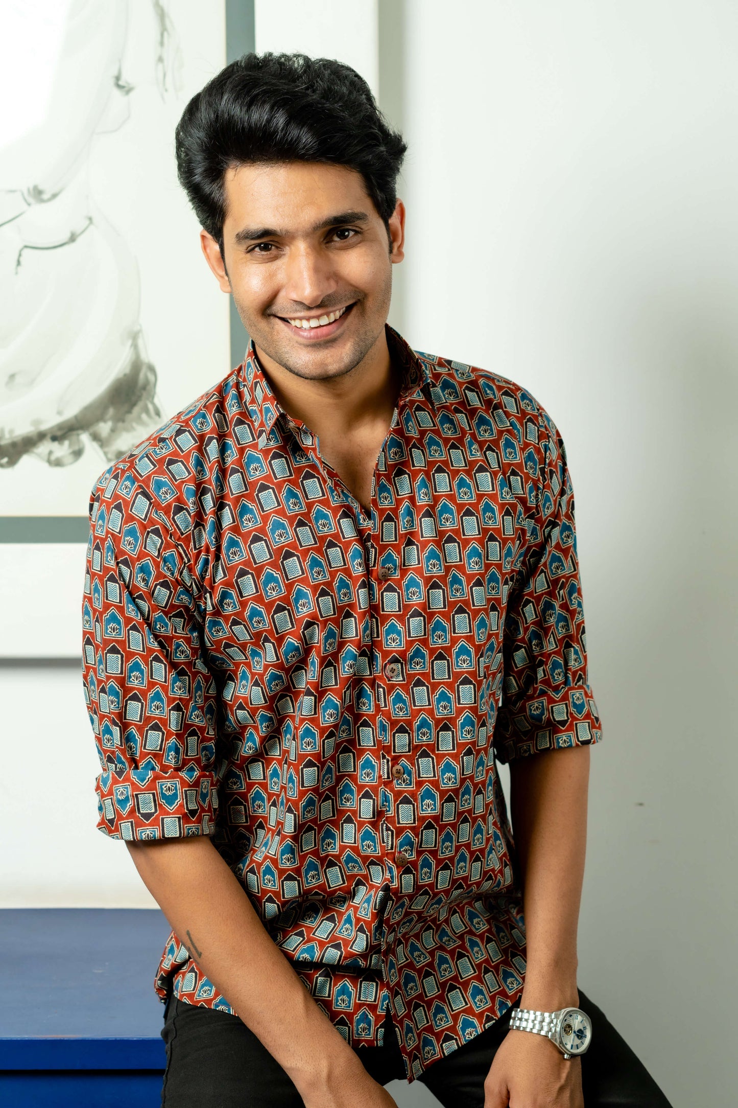 The Brick Color Shirt With Ethnic Tribal Print
