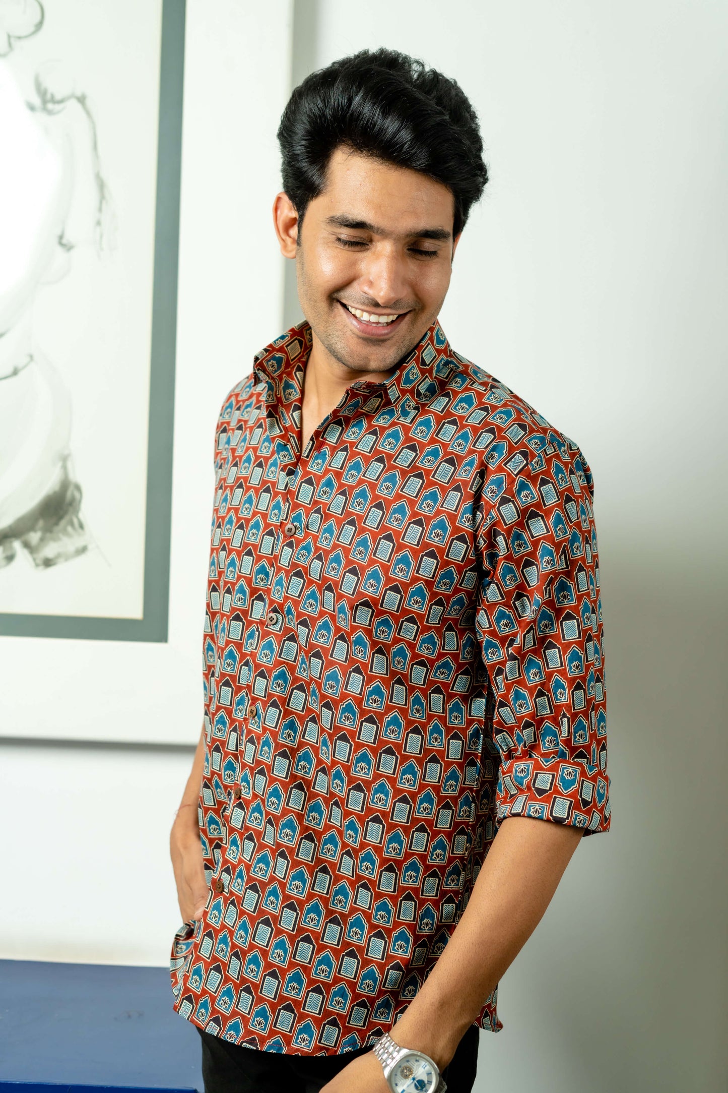 The Brick Color Shirt With Ethnic Tribal Print