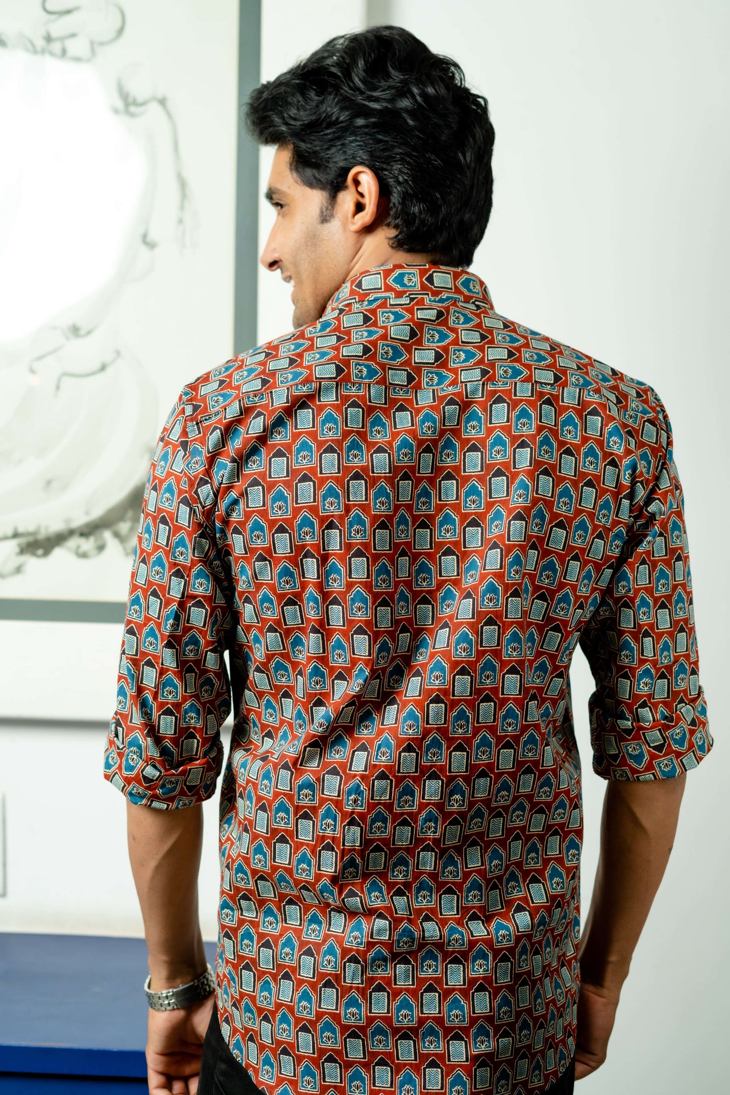 The Brick Color Shirt With Ethnic Tribal Print