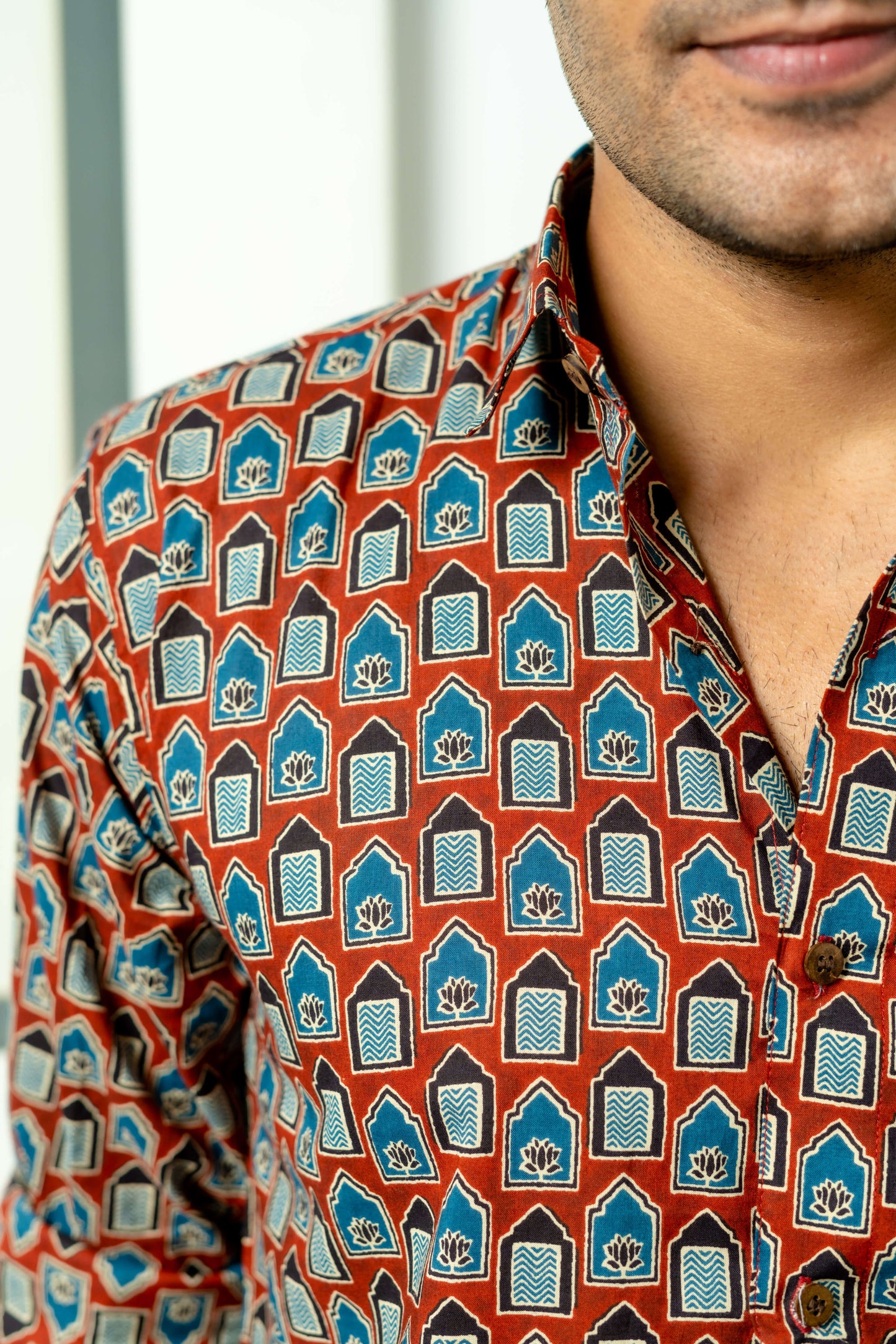 The Brick Color Shirt With Ethnic Tribal Print