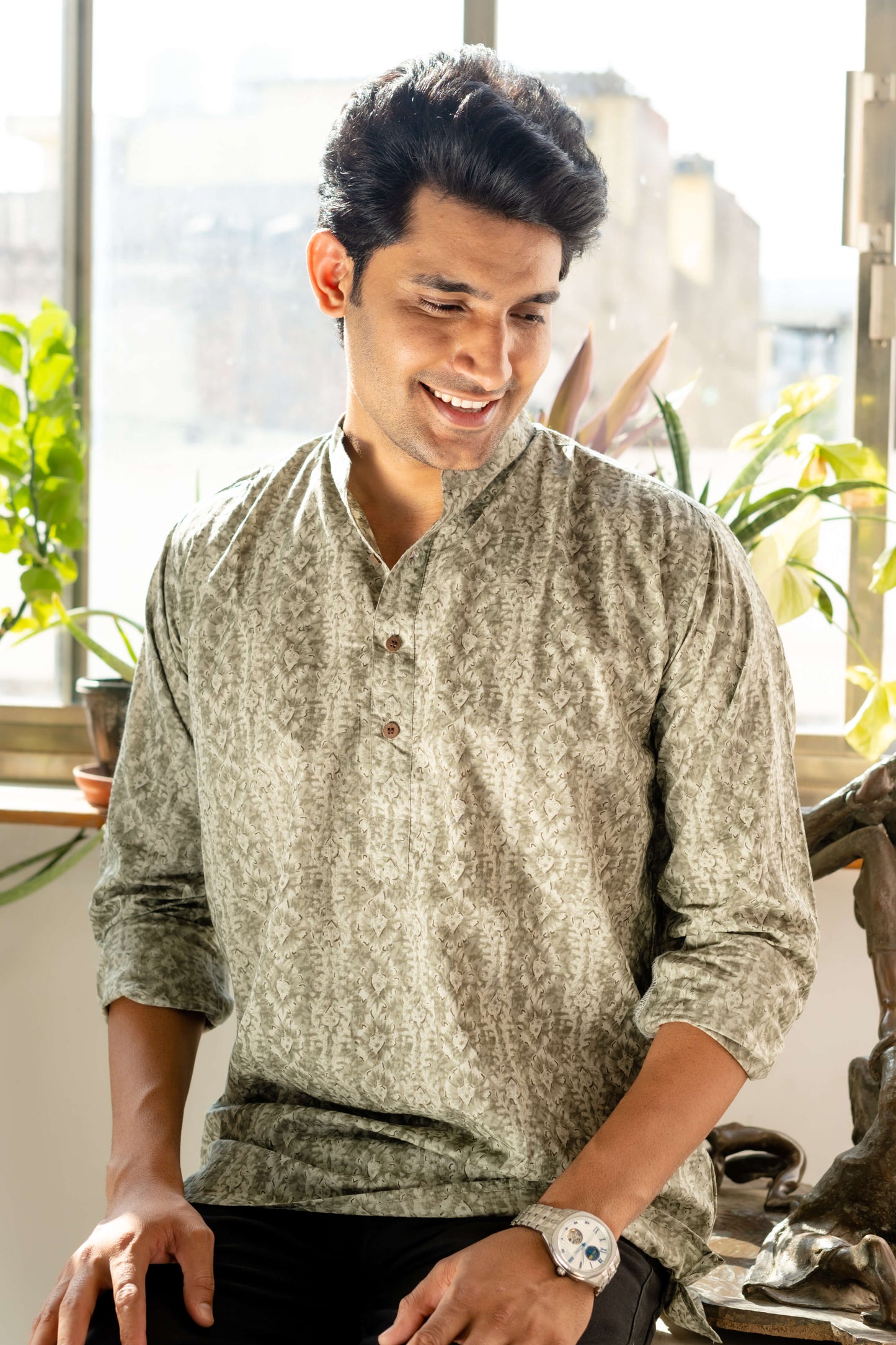 The Grey Tribal-Floral Print Short Kurta
