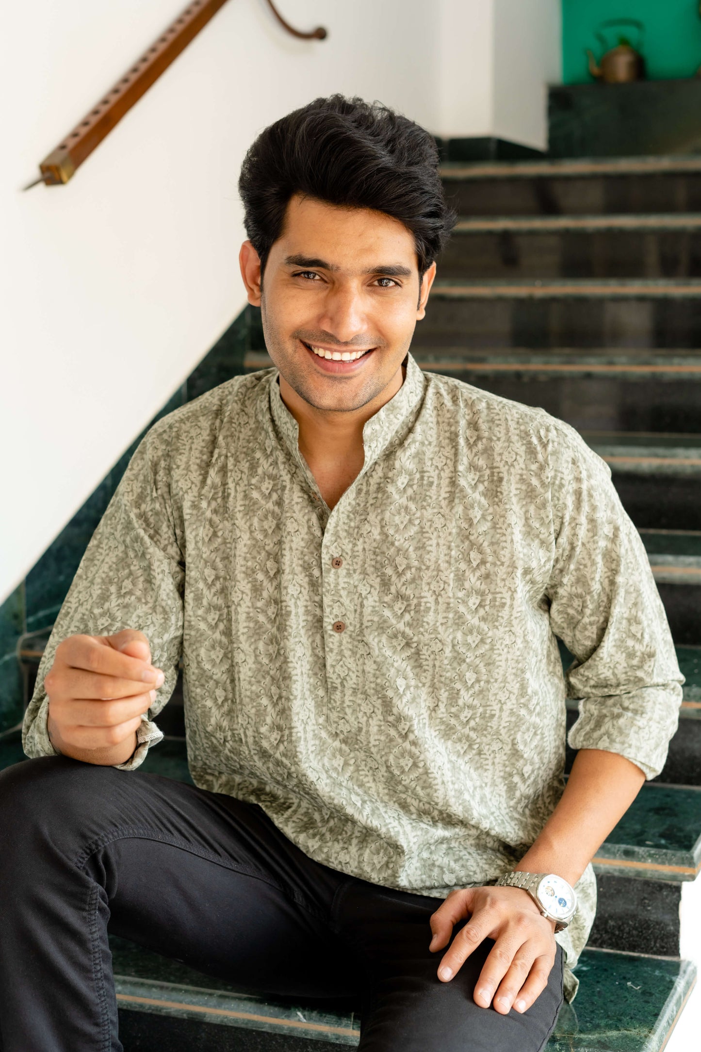 The Grey Tribal-Floral Print Short Kurta