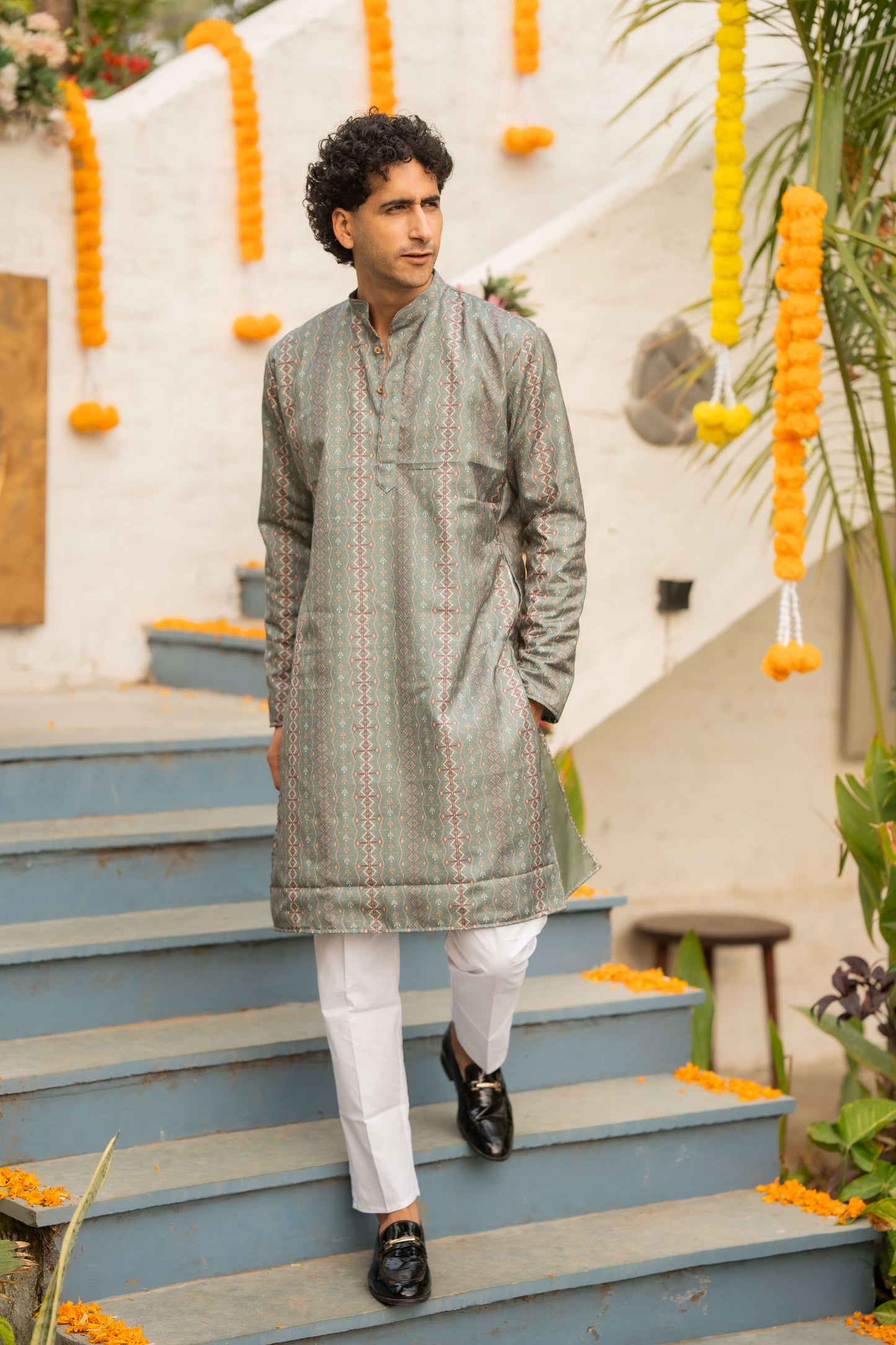 The Fern Green Long Kurta With Tribal Print