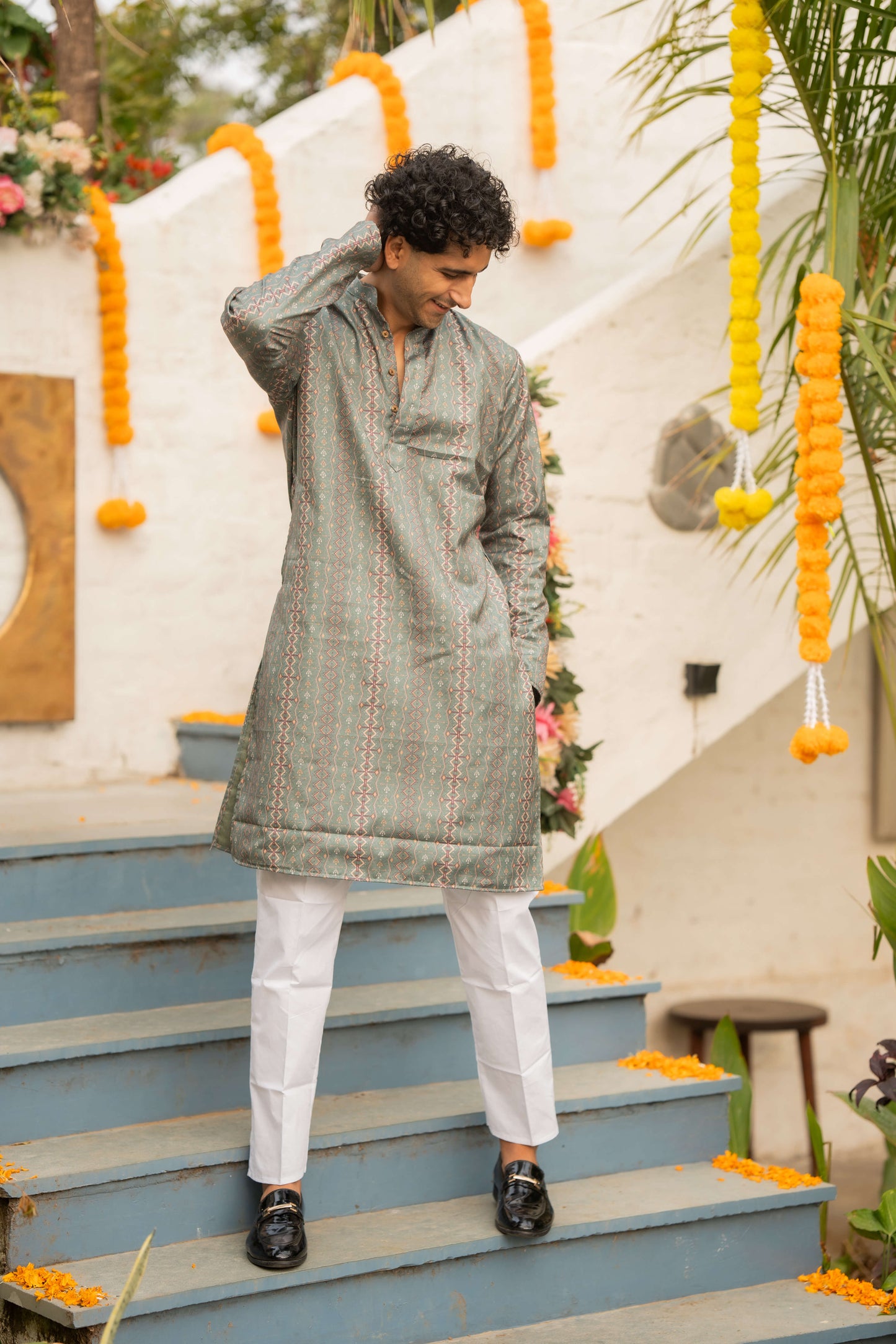 The Fern Green Long Kurta With Tribal Print